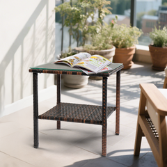 HAOYYE Square Rattan Side Table with Double Layer Glass Top, Modern Outdoor End Table with Brown Gradient PE Wicker and Steel Frame, Stylish Patio Coffee Table for Balcony Garden Deck or Poolside