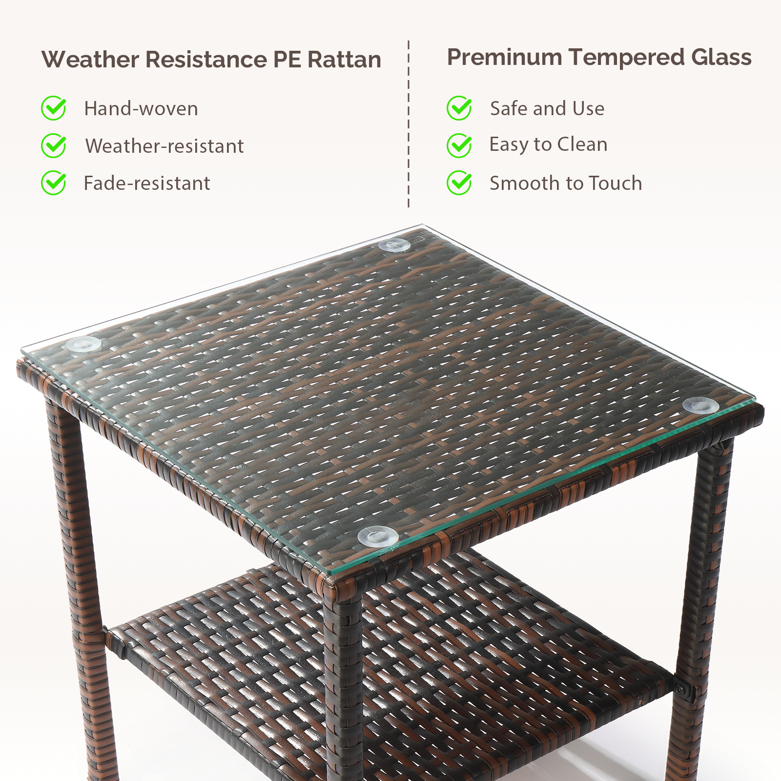 HAOYYE Square Rattan Side Table with Double Layer Glass Top, Modern Outdoor End Table with Brown Gradient PE Wicker and Steel Frame, Stylish Patio Coffee Table for Balcony Garden Deck or Poolside