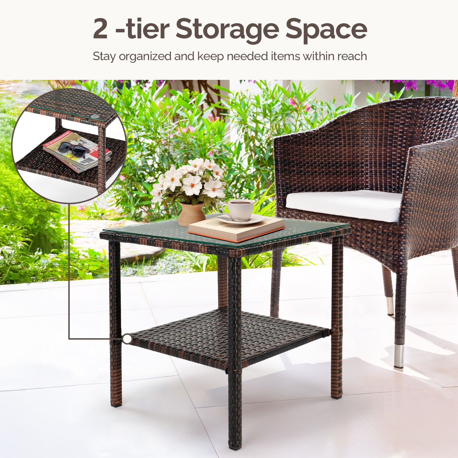 HAOYYE Square Rattan Side Table with Double Layer Glass Top, Modern Outdoor End Table with Brown Gradient PE Wicker and Steel Frame, Stylish Patio Coffee Table for Balcony Garden Deck or Poolside