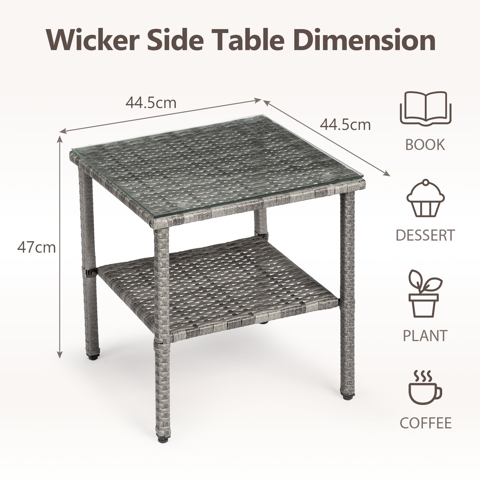 HAOYYE Square Double Layer Glass Top Rattan Side Table, Modern Gray Gradient Design, Stylish and Durable Outdoor and Indoor Accent Table for Living Room, Patio, Balcony, or Bedroom