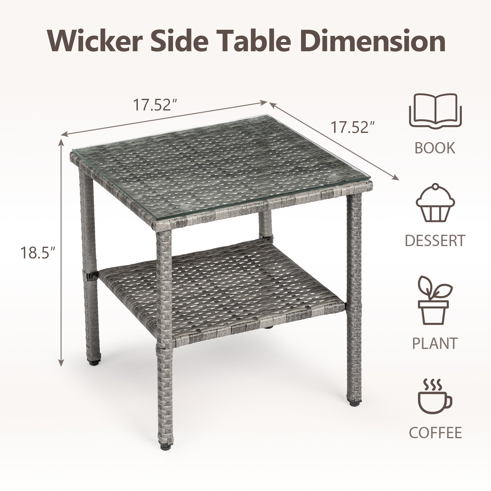HAOYYE Square Double Layer Glass Top Rattan Side Table, Modern Gray Gradient Design, Stylish and Durable Outdoor and Indoor Accent Table for Living Room, Patio, Balcony, or Bedroom