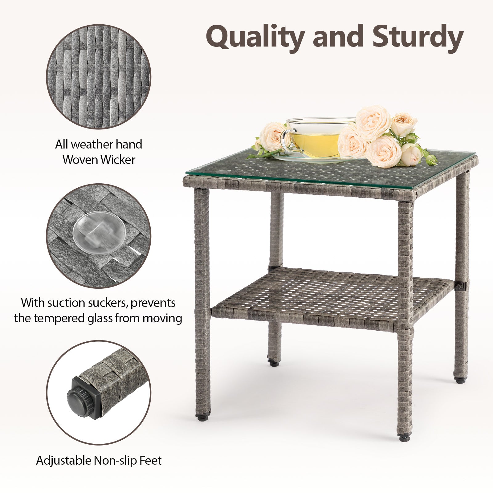HAOYYE Square Double Layer Glass Top Rattan Side Table, Modern Gray Gradient Design, Stylish and Durable Outdoor and Indoor Accent Table for Living Room, Patio, Balcony, or Bedroom