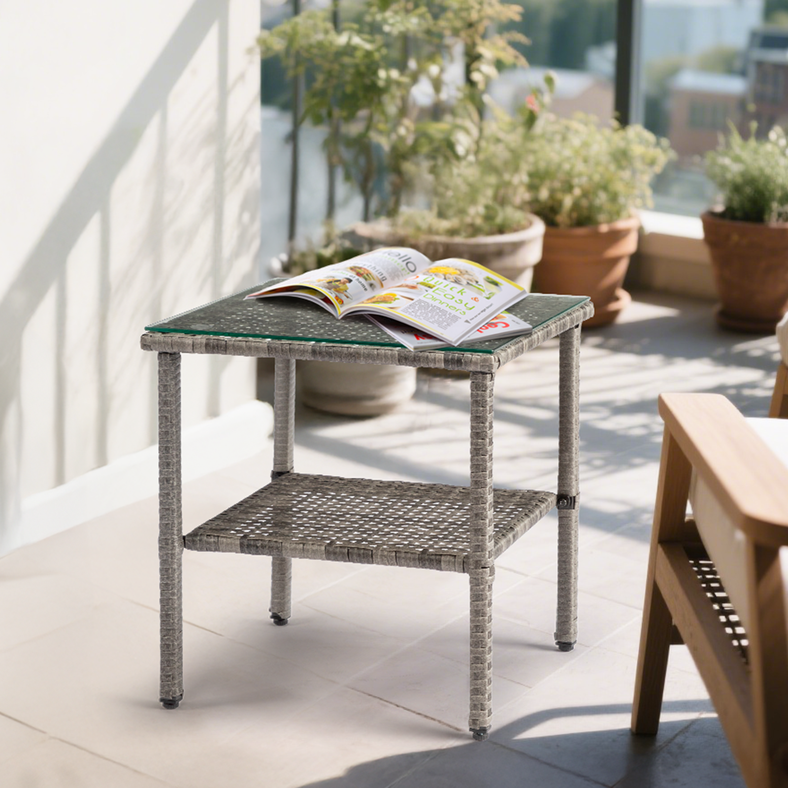 HAOYYE Square Double Layer Glass Top Rattan Side Table, Modern Gray Gradient Design, Stylish and Durable Outdoor and Indoor Accent Table for Living Room, Patio, Balcony, or Bedroom