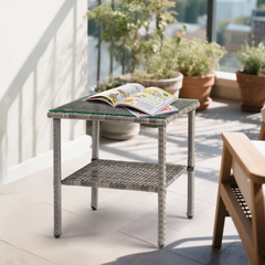 HAOYYE Square Double Layer Glass Top Rattan Side Table, Modern Gray Gradient Design, Stylish and Durable Outdoor and Indoor Accent Table for Living Room, Patio, Balcony, or Bedroom