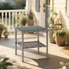 HAOYYE Square Double Layer Glass Top Rattan Side Table, Modern Gray Gradient Design, Stylish and Durable Outdoor and Indoor Accent Table for Living Room, Patio, Balcony, or Bedroom