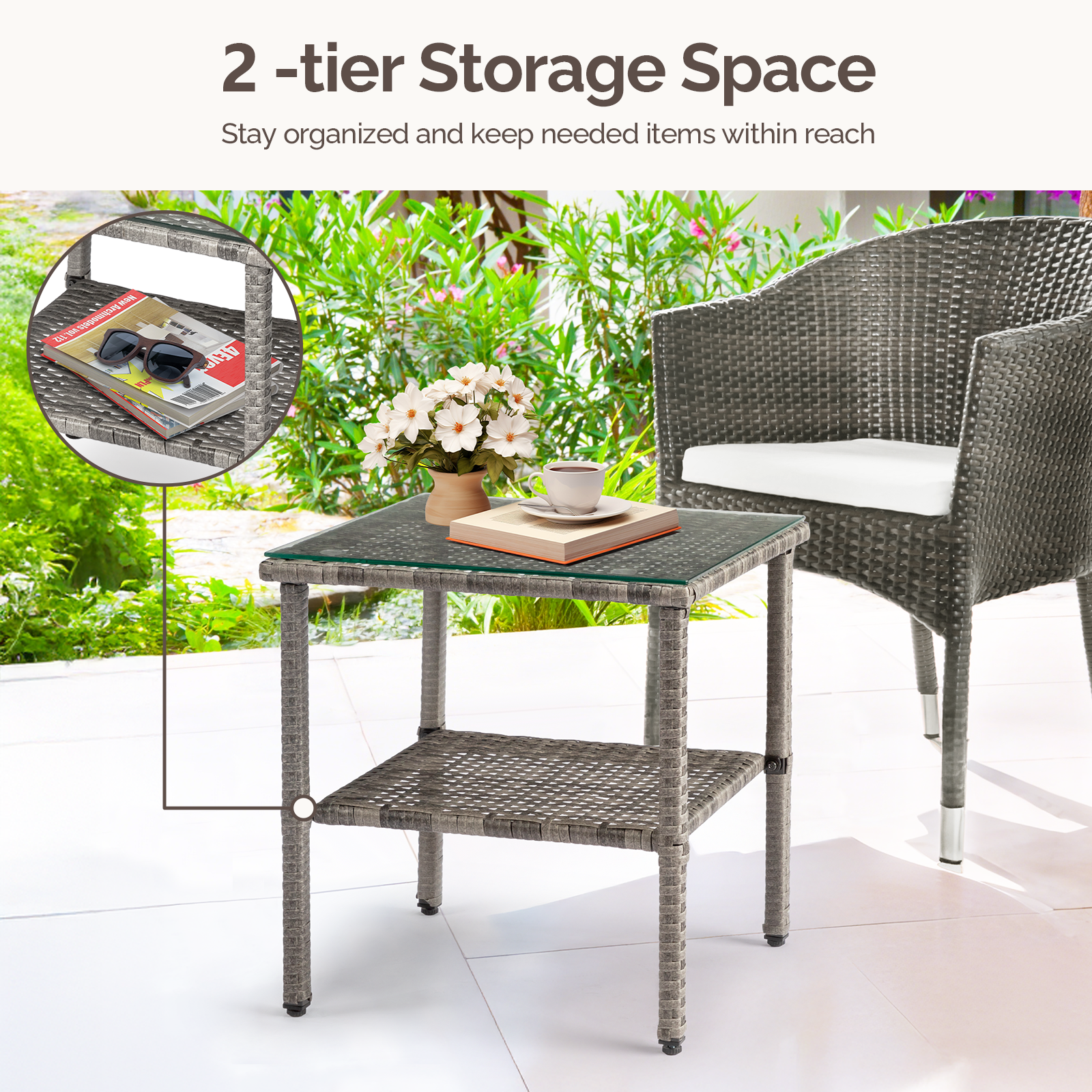 HAOYYE Square Double Layer Glass Top Rattan Side Table, Modern Gray Gradient Design, Stylish and Durable Outdoor and Indoor Accent Table for Living Room, Patio, Balcony, or Bedroom