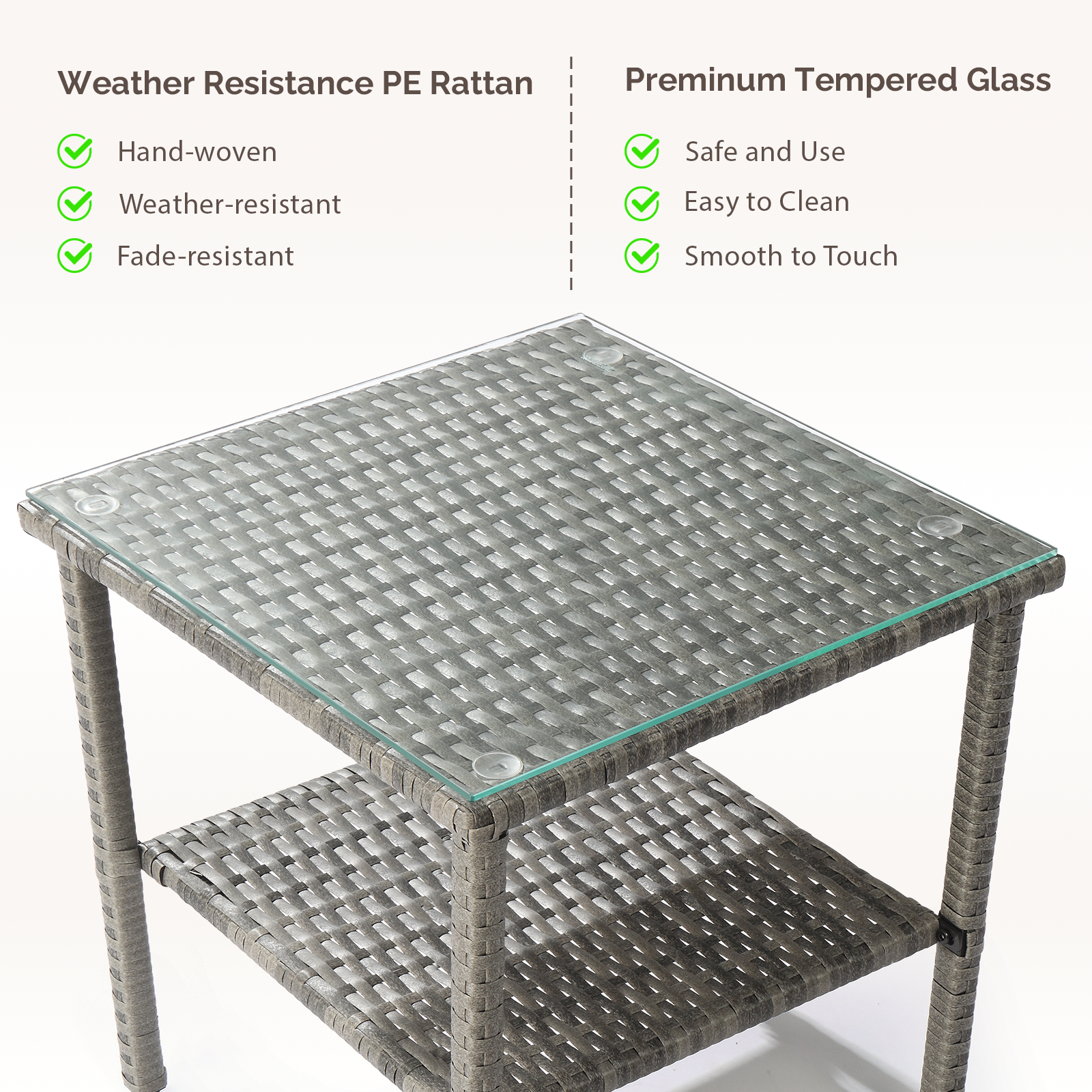 HAOYYE Square Double Layer Glass Top Rattan Side Table, Modern Gray Gradient Design, Stylish and Durable Outdoor and Indoor Accent Table for Living Room, Patio, Balcony, or Bedroom