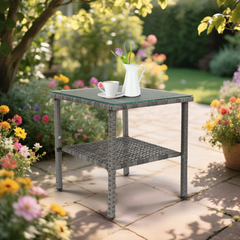 HAOYYE Square Double Layer Glass Top Rattan Side Table, Modern Gray Gradient Design, Stylish and Durable Outdoor and Indoor Accent Table for Living Room, Patio, Balcony, or Bedroom