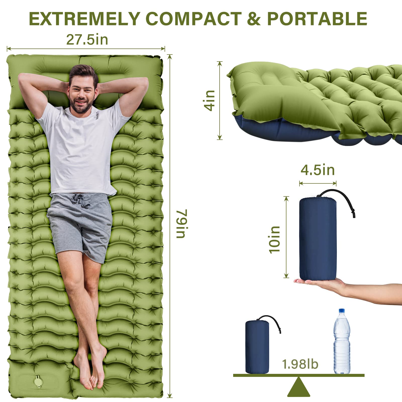 HAOYYE Single Air Mattress with Built-in Pillow and Foot Pump Inflatable Lightweight Sleeping Pad for Backpacking Hiking Camping Traveling Tent Compact Portable Bed with Amazon Shipping