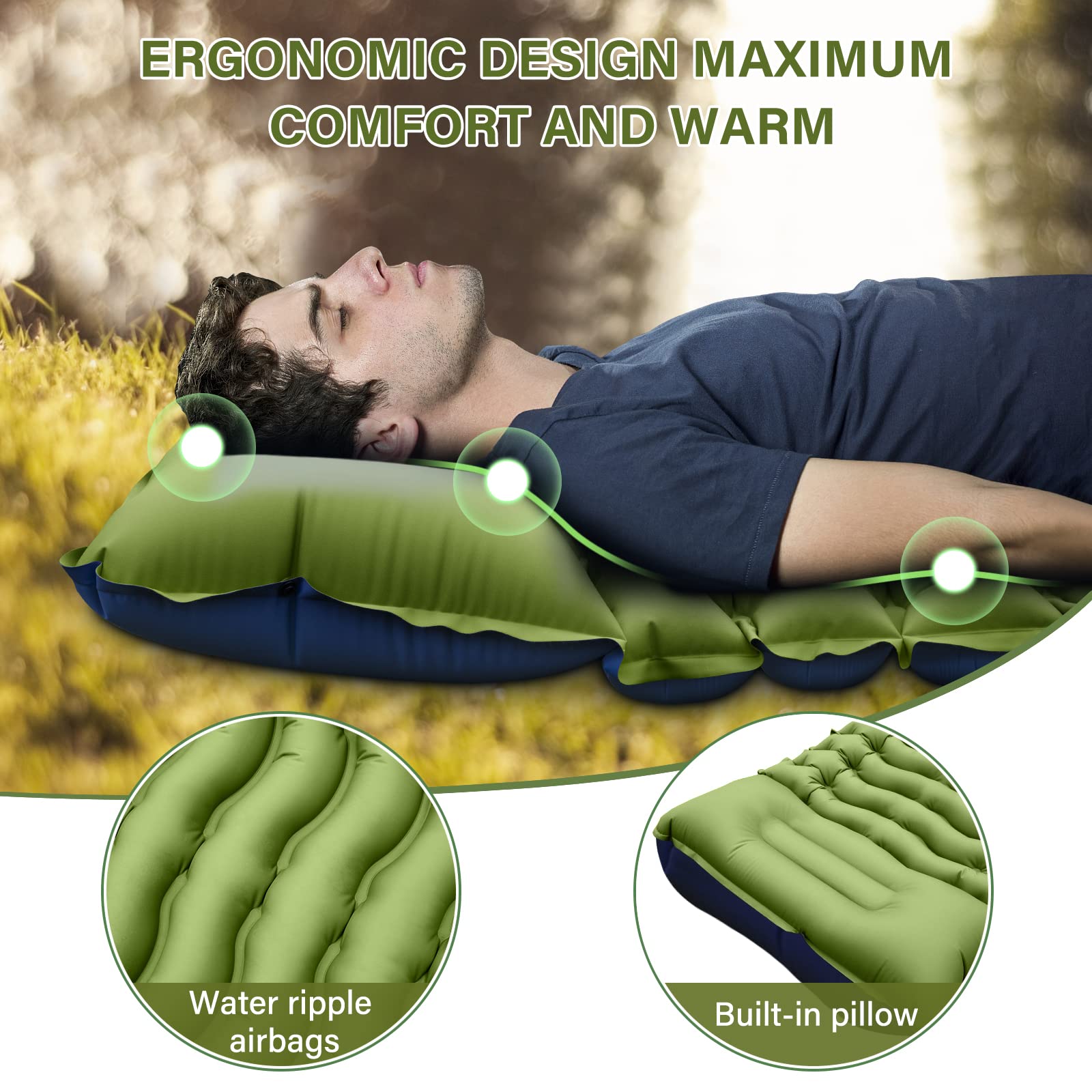 HAOYYE Single Air Mattress with Built-in Pillow and Foot Pump Inflatable Lightweight Sleeping Pad for Backpacking Hiking Camping Traveling Tent Compact Portable Bed with Amazon Shipping