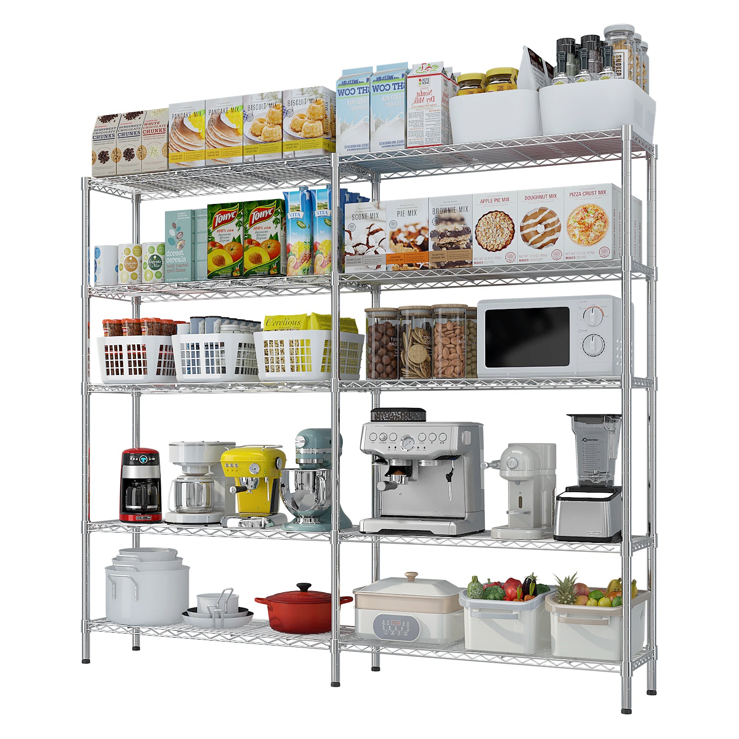 HAOYYE 5 Tier Double Row Chrome Plated Iron Display Shelf with Adjustable Shelves and Leveling Feet, Freestanding Heavy Duty Storage Rack for Home Office Retail Living Room Organization