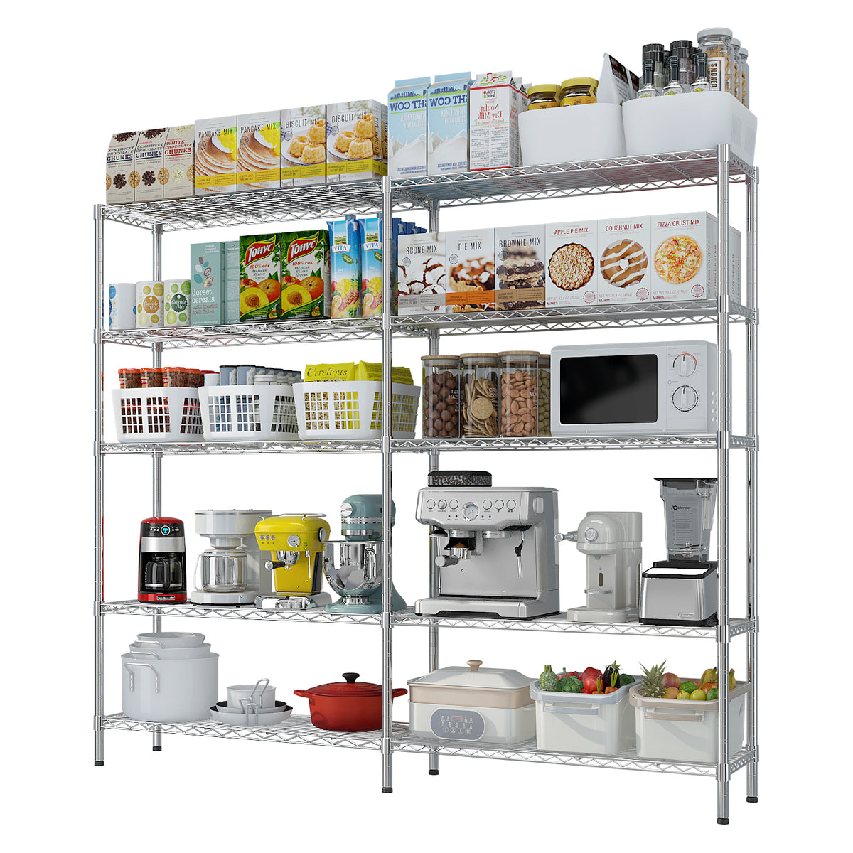 HAOYYE 5 Tier Double Row Chrome Plated Iron Display Shelf with Adjustable Shelves and Leveling Feet, Freestanding Heavy Duty Storage Rack for Home Office Retail Living Room Organization