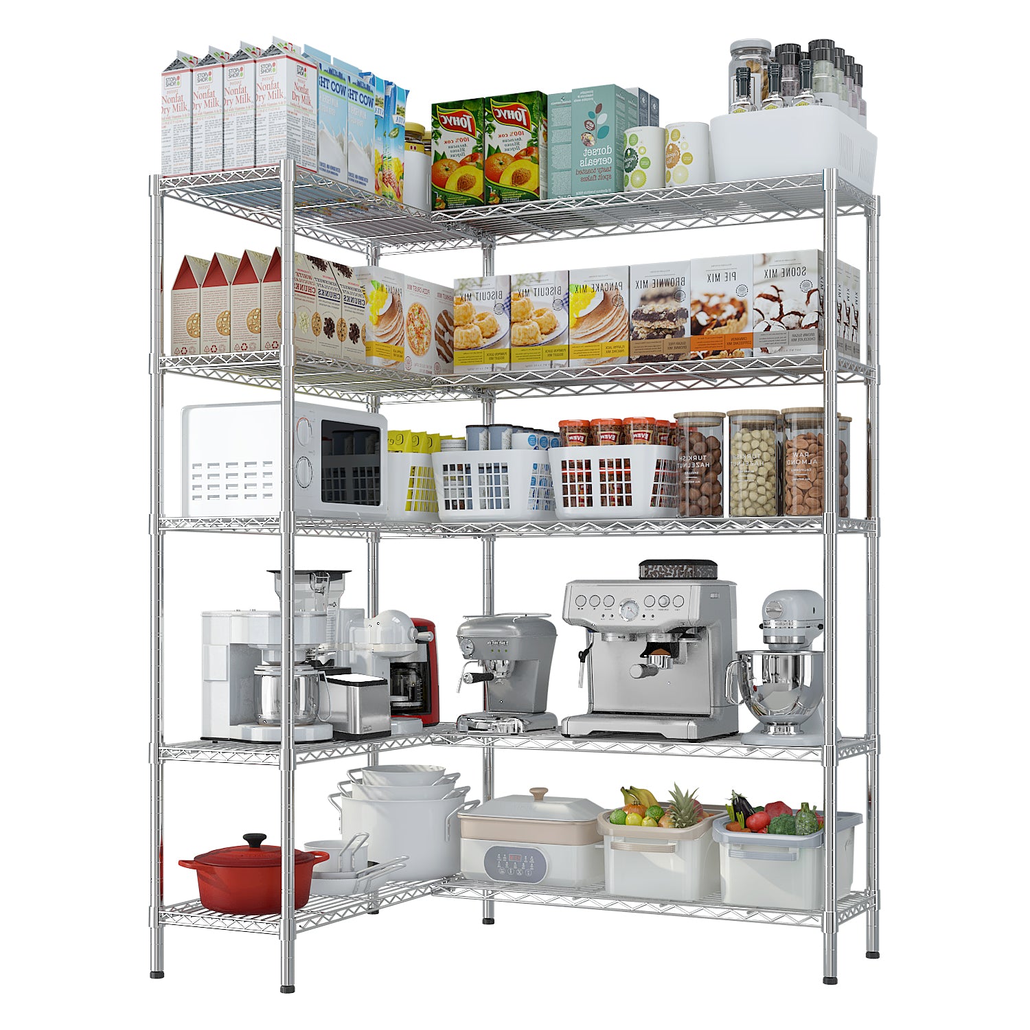 HAOYYE 5 Tier Double Row Chrome Plated Iron Display Shelf with Adjustable Shelves and Leveling Feet, Freestanding Heavy Duty Storage Rack for Home Office Retail Living Room Organization