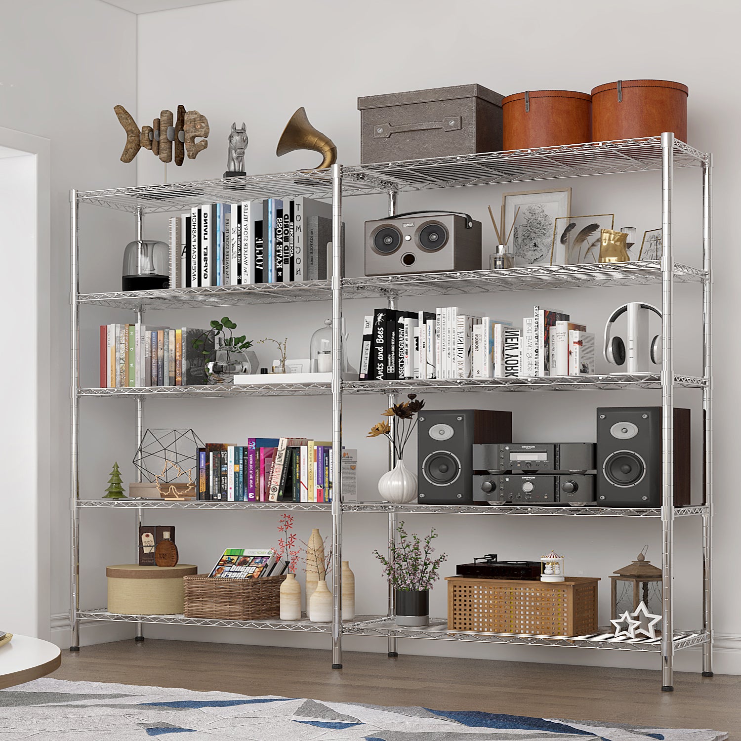 HAOYYE 5 Tier Double Row Chrome Plated Iron Display Shelf with Adjustable Shelves and Leveling Feet, Freestanding Heavy Duty Storage Rack for Home Office Retail Living Room Organization