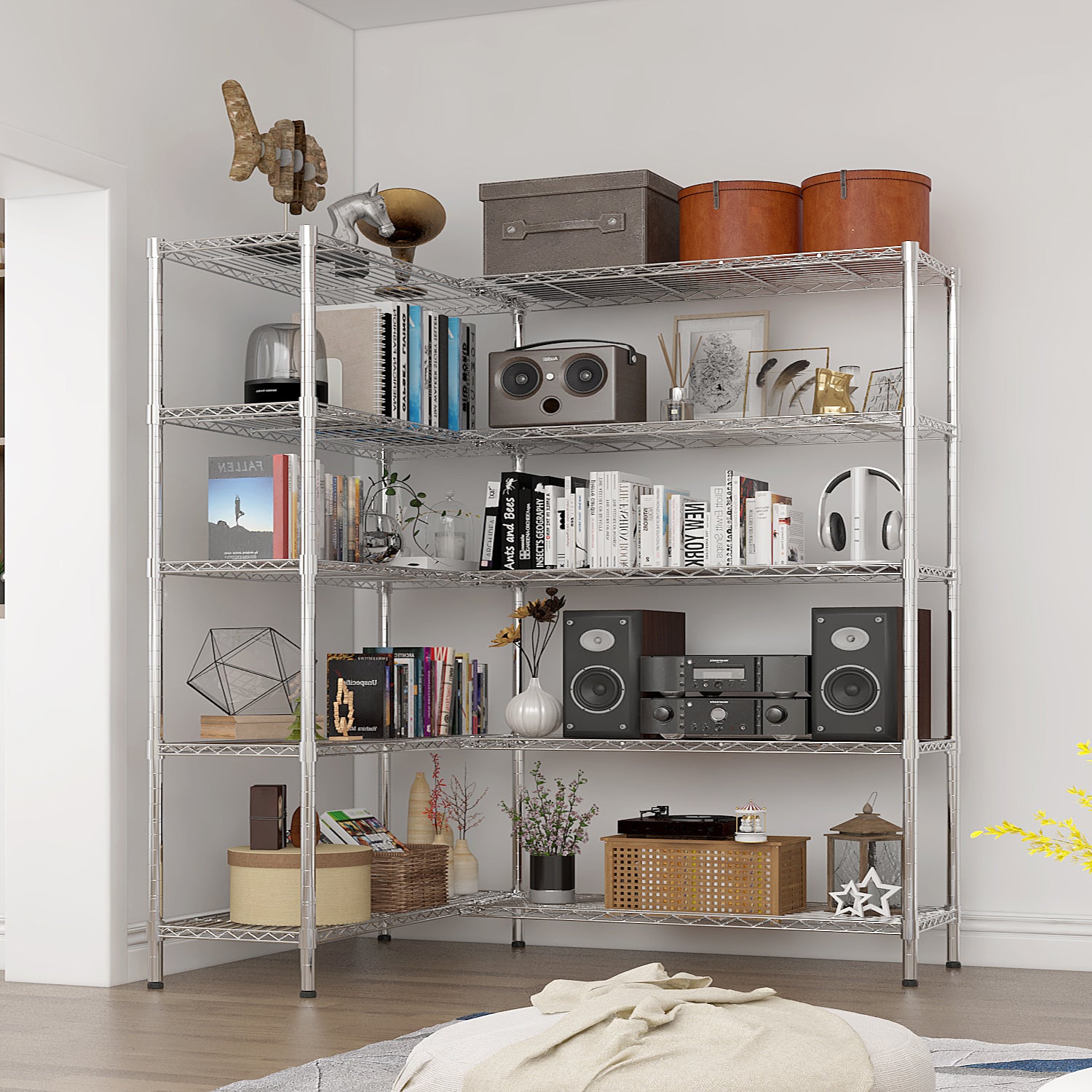 HAOYYE 5 Tier Double Row Chrome Plated Iron Display Shelf with Adjustable Shelves and Leveling Feet, Freestanding Heavy Duty Storage Rack for Home Office Retail Living Room Organization