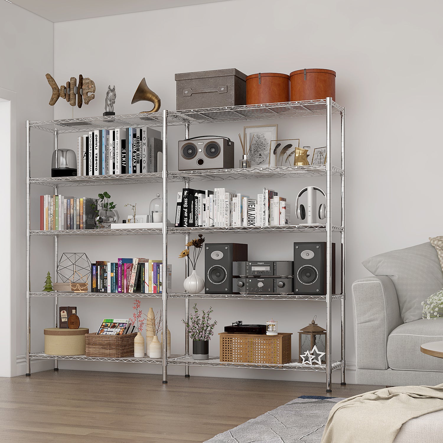 HAOYYE 5 Tier Double Row Chrome Plated Iron Display Shelf with Adjustable Shelves and Leveling Feet, Freestanding Heavy Duty Storage Rack for Home Office Retail Living Room Organization