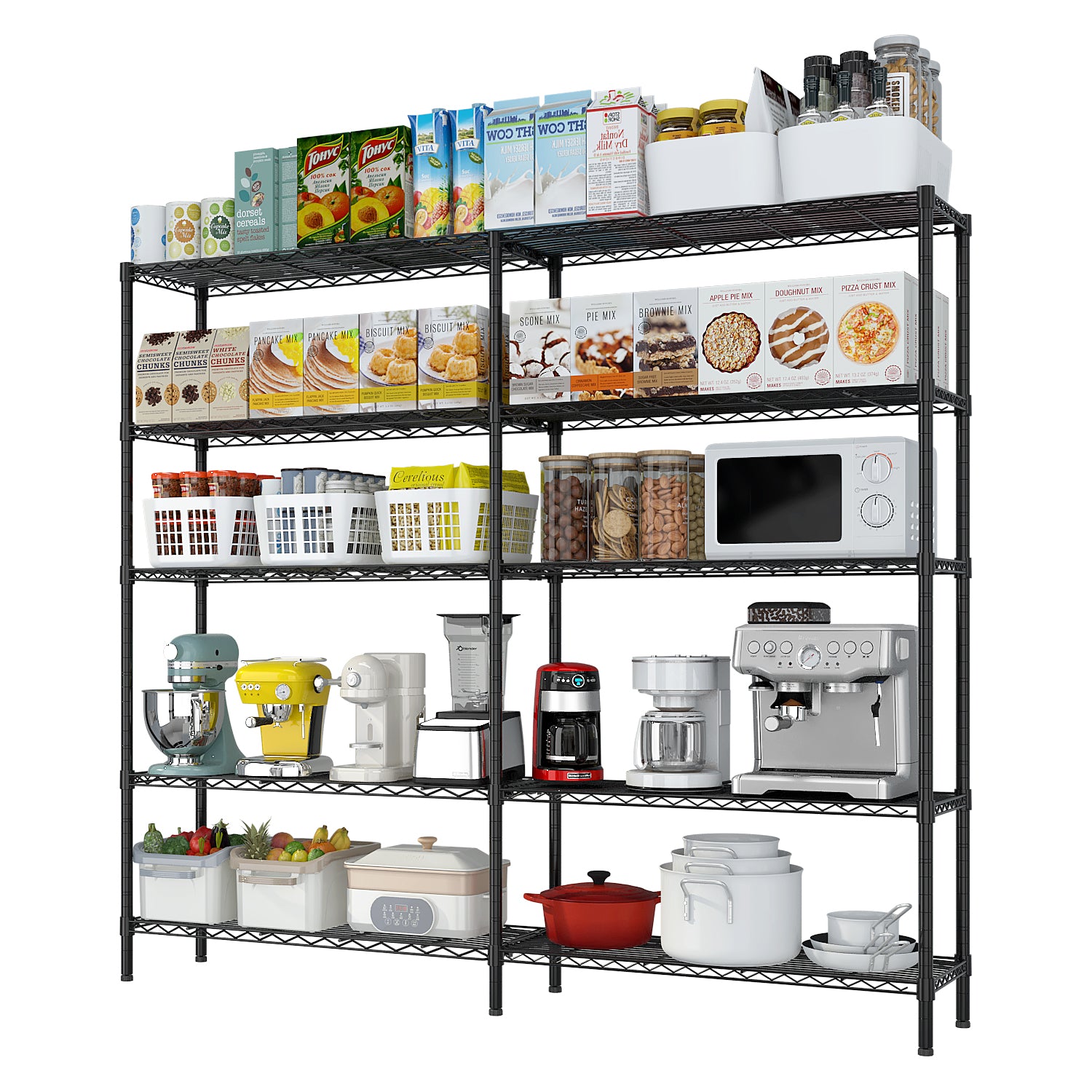 HAOYYE 5-Layer Double Row Display Shelf with Freely Adjustable Layer Spacing Adjustable Feet Black Powder-Coated Iron Storage Rack Heavy Duty Organizer for Home Office Retail Space Saving