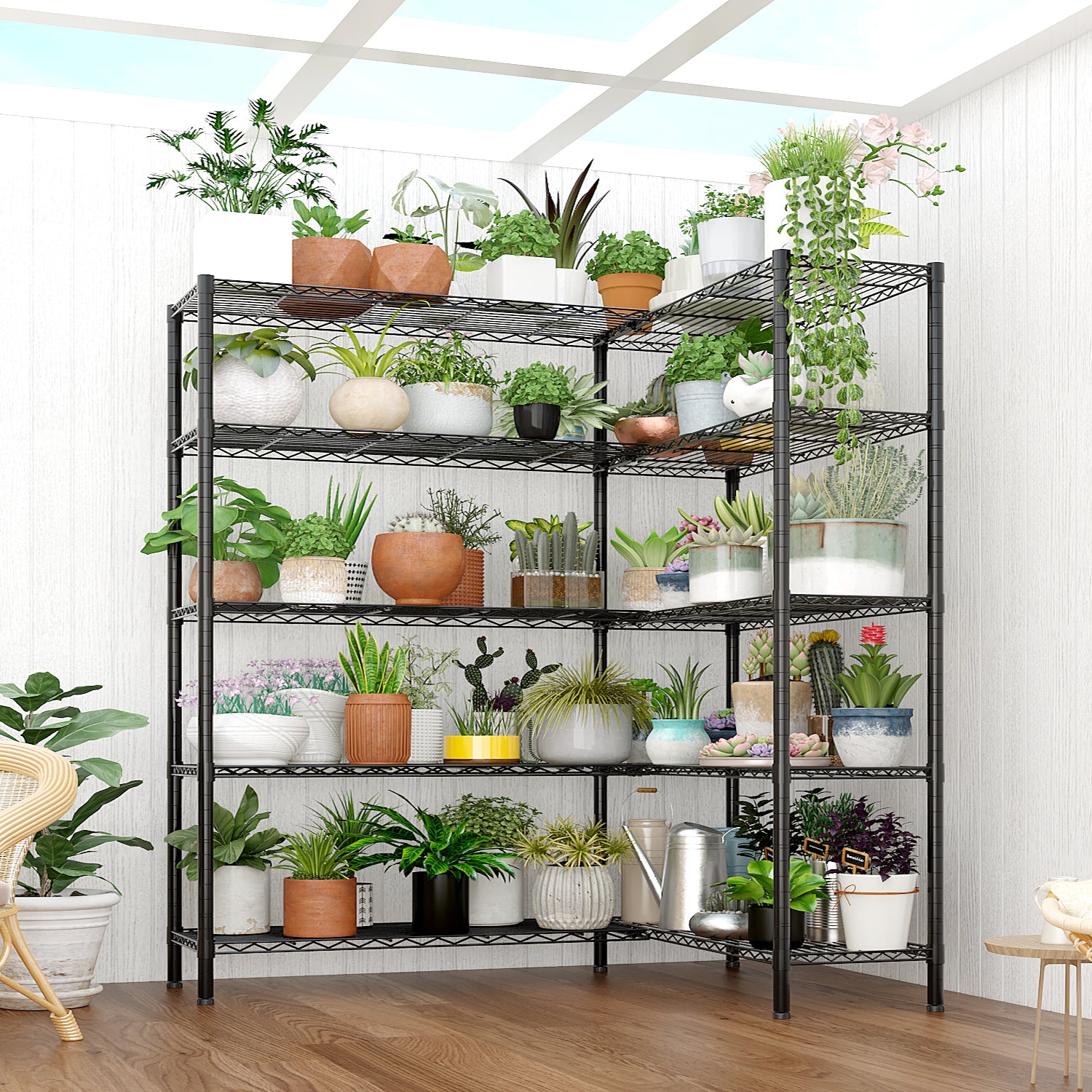 HAOYYE 5-Layer Double Row Display Shelf with Freely Adjustable Layer Spacing Adjustable Feet Black Powder-Coated Iron Storage Rack Heavy Duty Organizer for Home Office Retail Space Saving