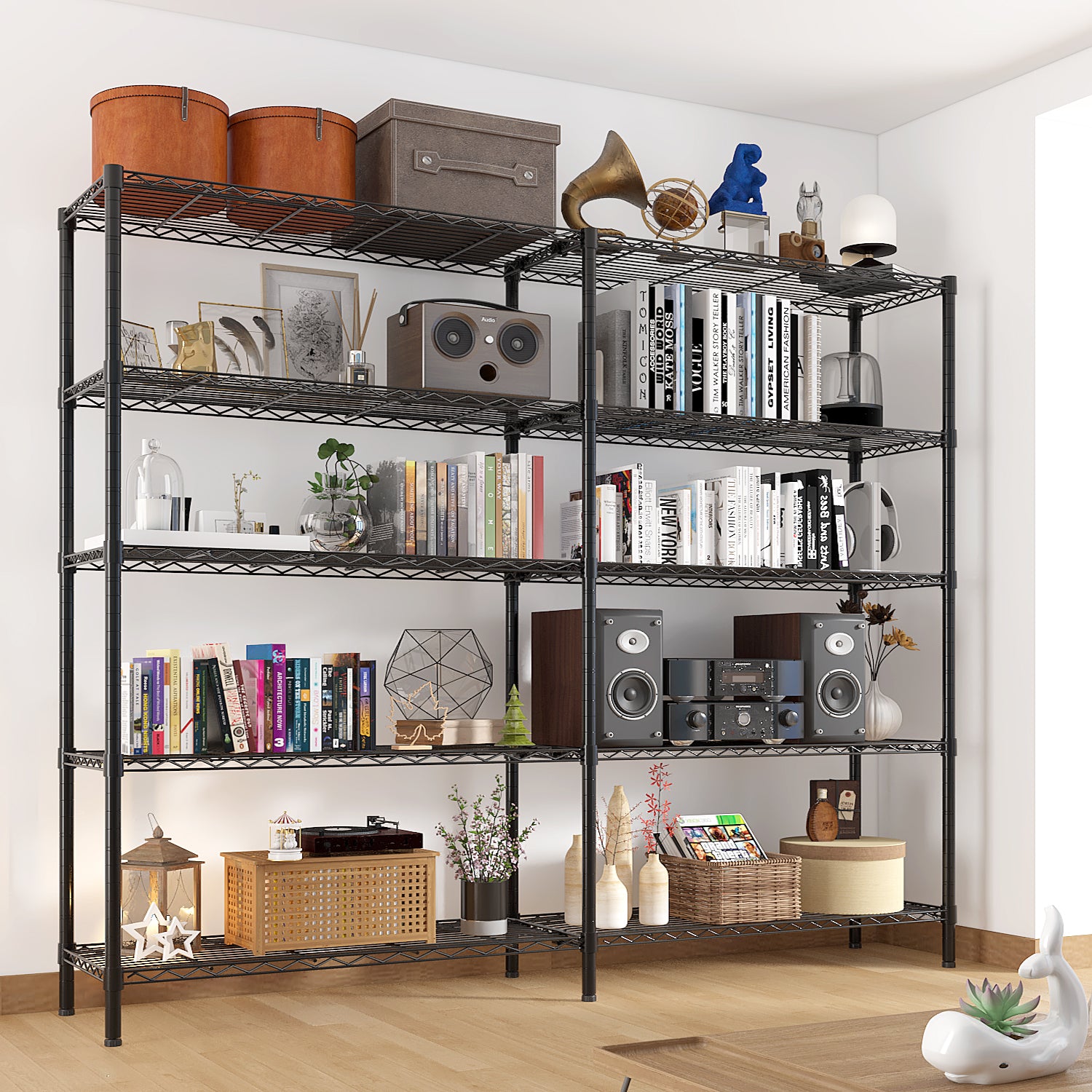 HAOYYE 5-Layer Double Row Display Shelf with Freely Adjustable Layer Spacing Adjustable Feet Black Powder-Coated Iron Storage Rack Heavy Duty Organizer for Home Office Retail Space Saving