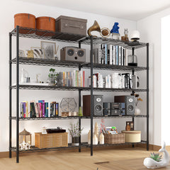 HAOYYE 5-Layer Double Row Display Shelf with Freely Adjustable Layer Spacing Adjustable Feet Black Powder-Coated Iron Storage Rack Heavy Duty Organizer for Home Office Retail Space Saving