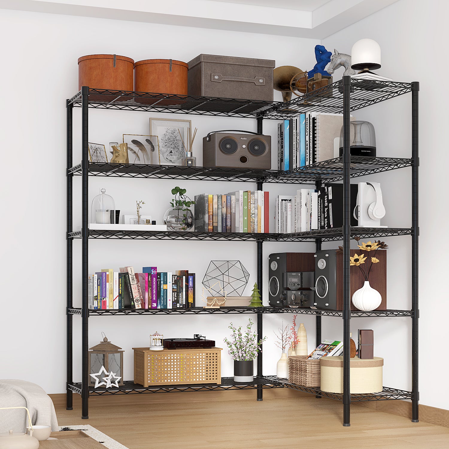 HAOYYE 5-Layer Double Row Display Shelf with Freely Adjustable Layer Spacing Adjustable Feet Black Powder-Coated Iron Storage Rack Heavy Duty Organizer for Home Office Retail Space Saving