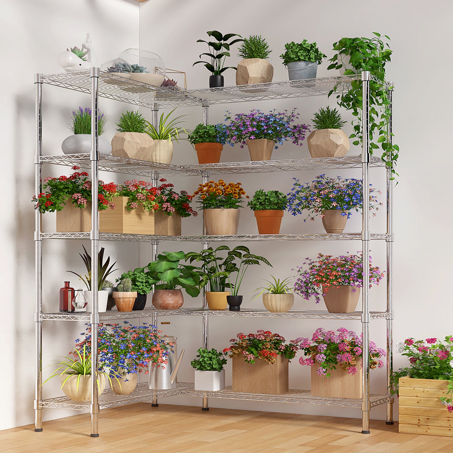 HAOYYE 5 Layer Double Row Display Shelf with Adjustable Feet Chrome Plated Iron Storage Rack Freely Adjustable Shelf Spacing for Home Office Garage Retail Space-Saving Organizer