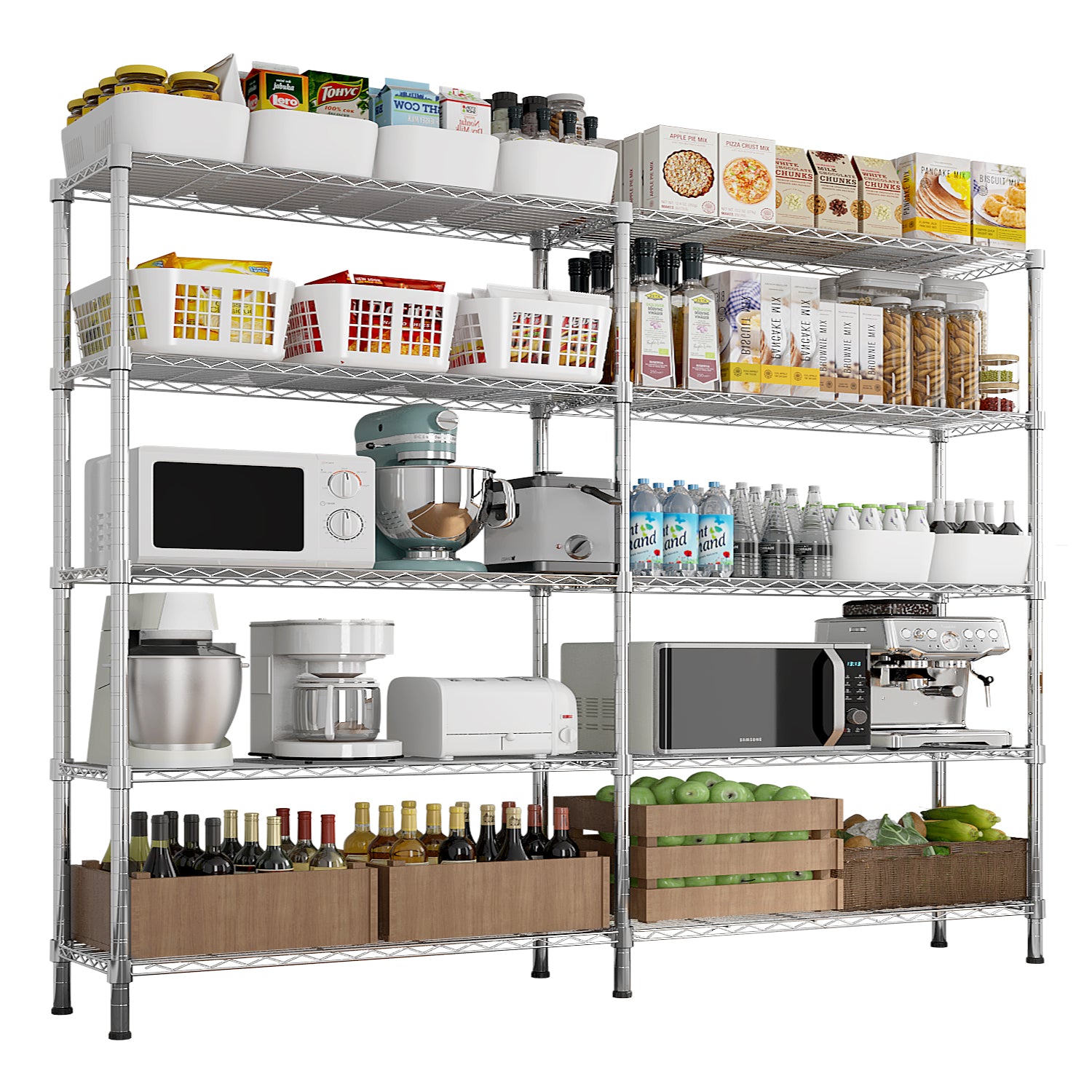 HAOYYE 5 Layer Double Row Display Shelf with Adjustable Feet Chrome Plated Iron Storage Rack Freely Adjustable Shelf Spacing for Home Office Garage Retail Space-Saving Organizer