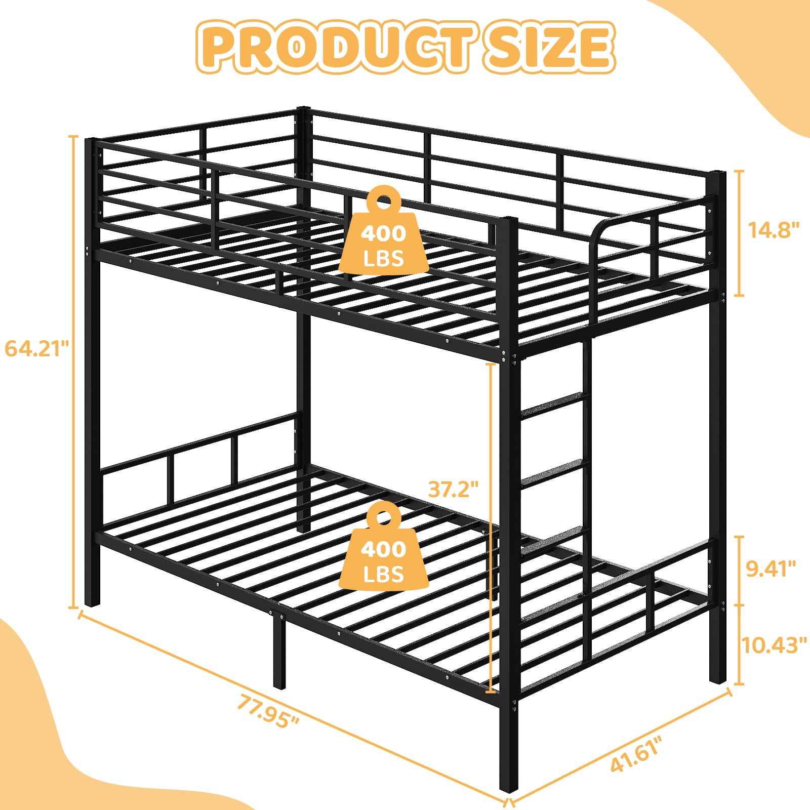 HAOYYE Black Twin Bunk Bed with Square Tube Metal Frame, High Safety Guardrail and Side Ladder, Sturdy Space-Saving Design with Open Access for Dorm or Guest Room Sleeping Arrangement