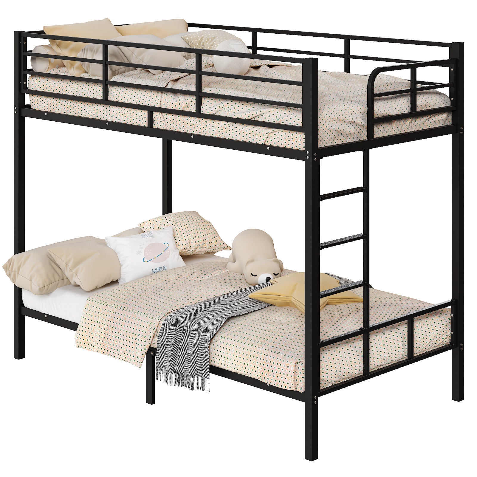 HAOYYE Black Twin Bunk Bed with Square Tube Metal Frame, High Safety Guardrail and Side Ladder, Sturdy Space-Saving Design with Open Access for Dorm or Guest Room Sleeping Arrangement