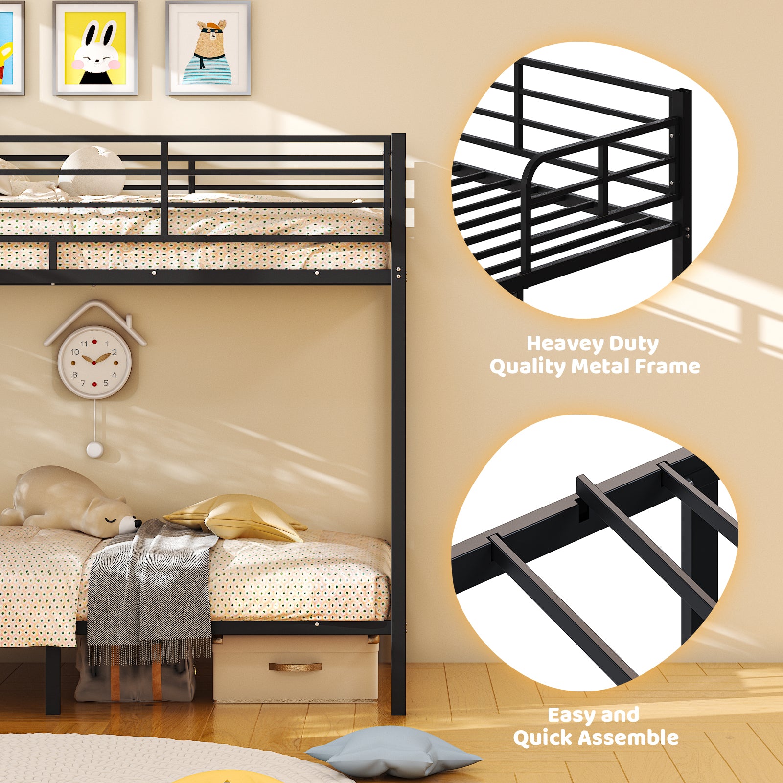 HAOYYE Black Twin Bunk Bed with Square Tube Metal Frame, High Safety Guardrail and Side Ladder, Sturdy Space-Saving Design with Open Access for Dorm or Guest Room Sleeping Arrangement