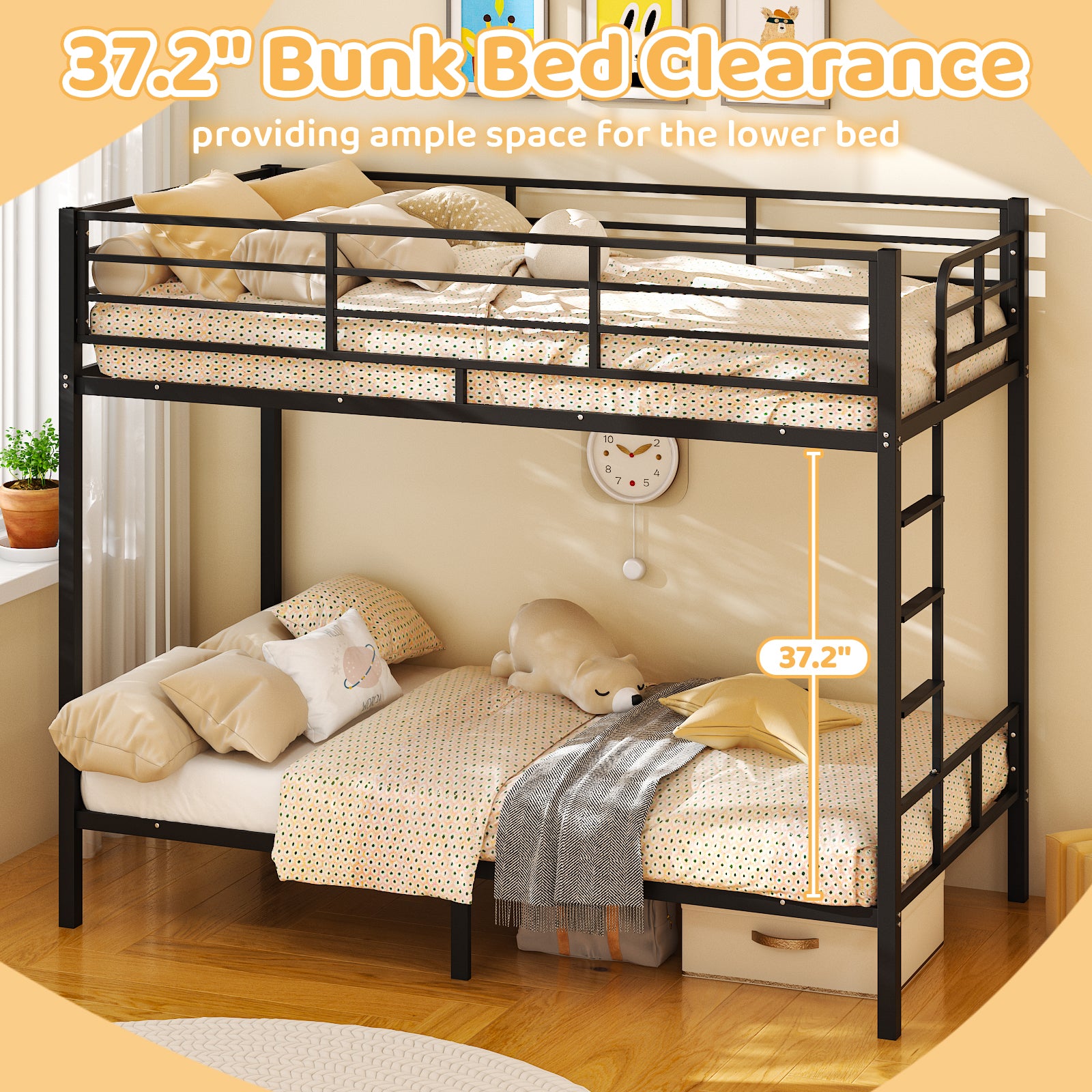 HAOYYE Black Twin Bunk Bed with Square Tube Metal Frame, High Safety Guardrail and Side Ladder, Sturdy Space-Saving Design with Open Access for Dorm or Guest Room Sleeping Arrangement