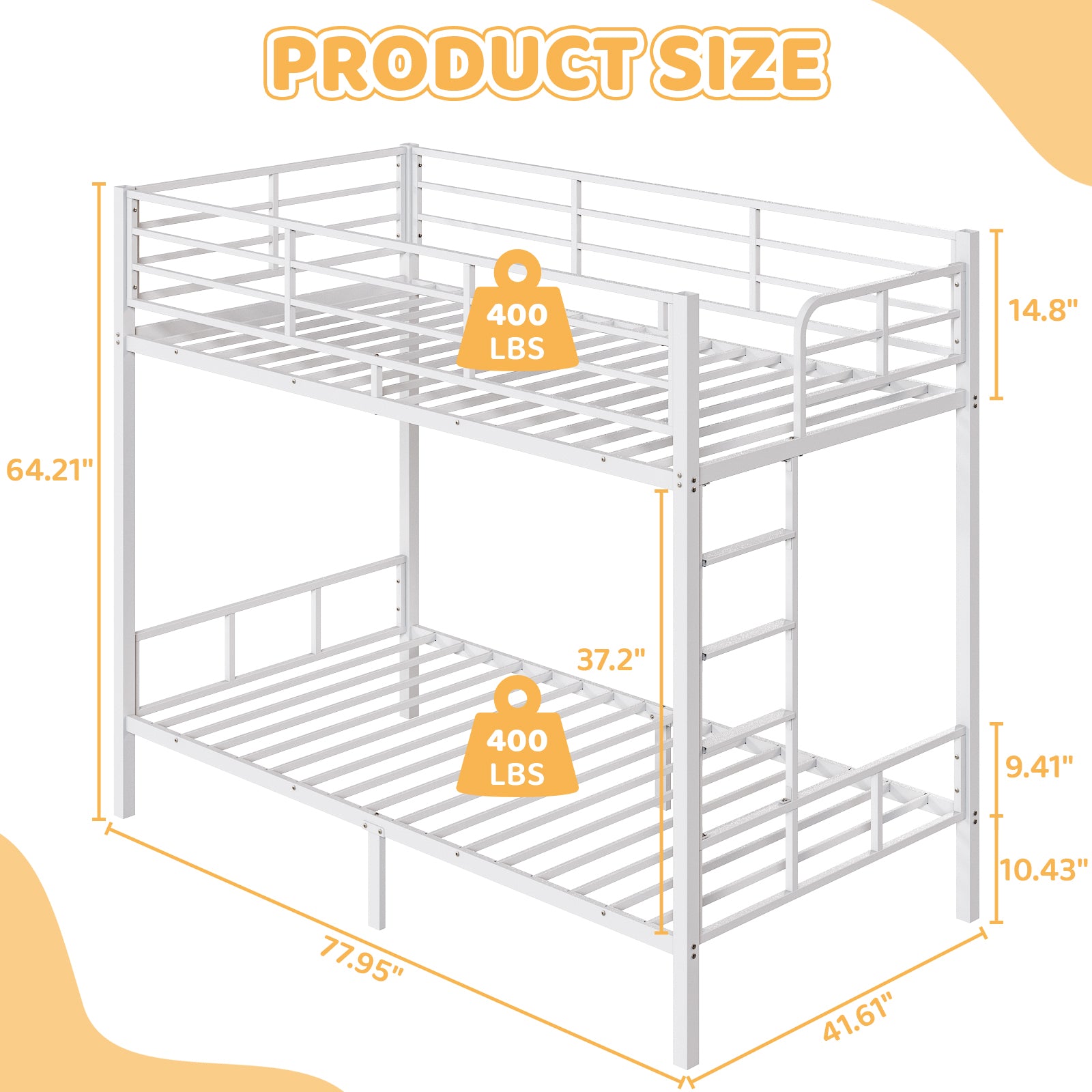 HAOYYE White Twin Bunk Bed with Square Tube Frame, High Safety Guardrail and Side Ladder, Sturdy Metal Design with Open Access for Space-Saving and Secure Sleeping in Dorm or Guest Room