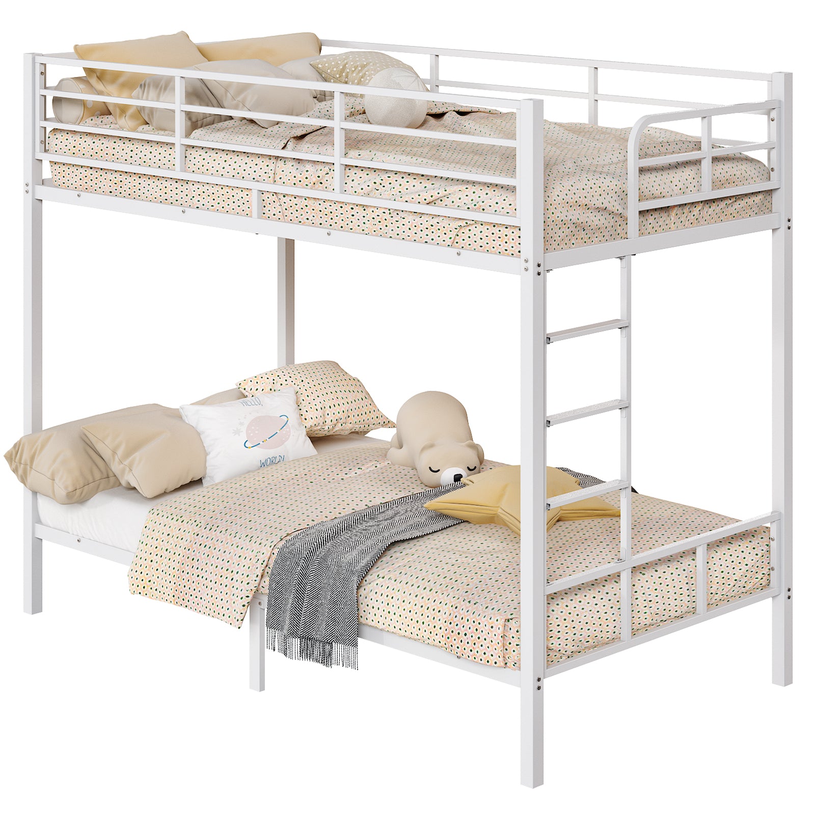HAOYYE White Twin Bunk Bed with Square Tube Frame, High Safety Guardrail and Side Ladder, Sturdy Metal Design with Open Access for Space-Saving and Secure Sleeping in Dorm or Guest Room