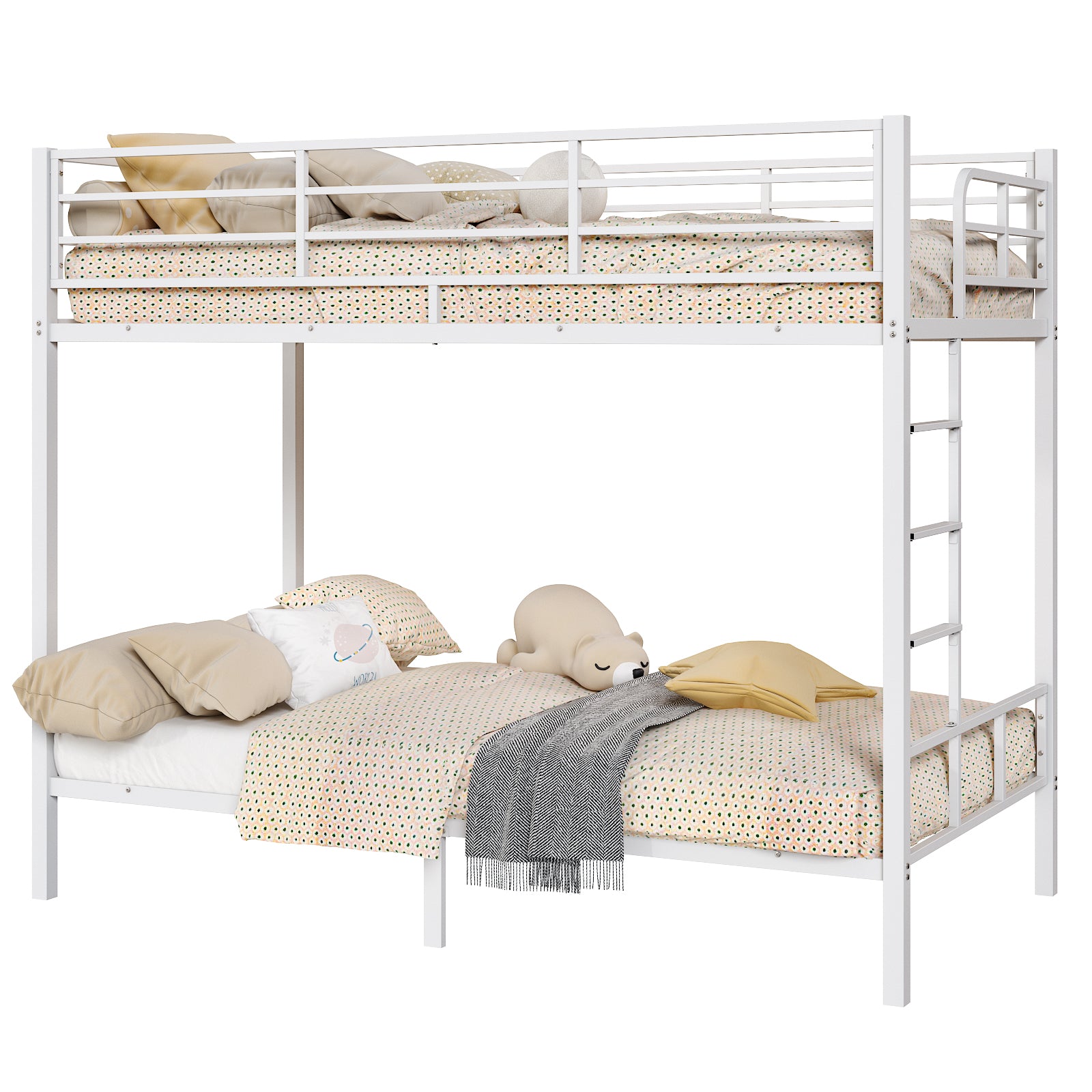 HAOYYE White Twin Bunk Bed with Square Tube Frame, High Safety Guardrail and Side Ladder, Sturdy Metal Design with Open Access for Space-Saving and Secure Sleeping in Dorm or Guest Room