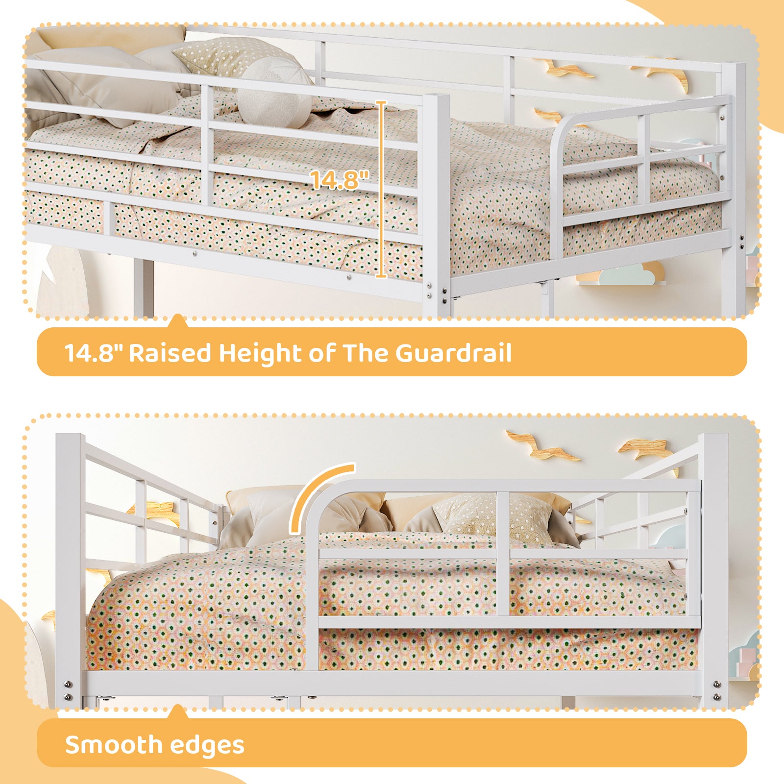 HAOYYE White Twin Bunk Bed with Square Tube Frame, High Safety Guardrail and Side Ladder, Sturdy Metal Design with Open Access for Space-Saving and Secure Sleeping in Dorm or Guest Room