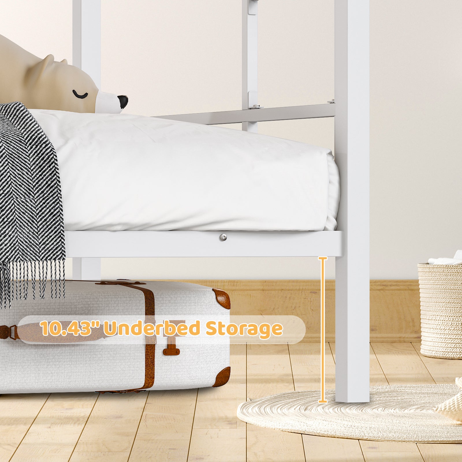 HAOYYE White Twin Bunk Bed with Square Tube Frame, High Safety Guardrail and Side Ladder, Sturdy Metal Design with Open Access for Space-Saving and Secure Sleeping in Dorm or Guest Room
