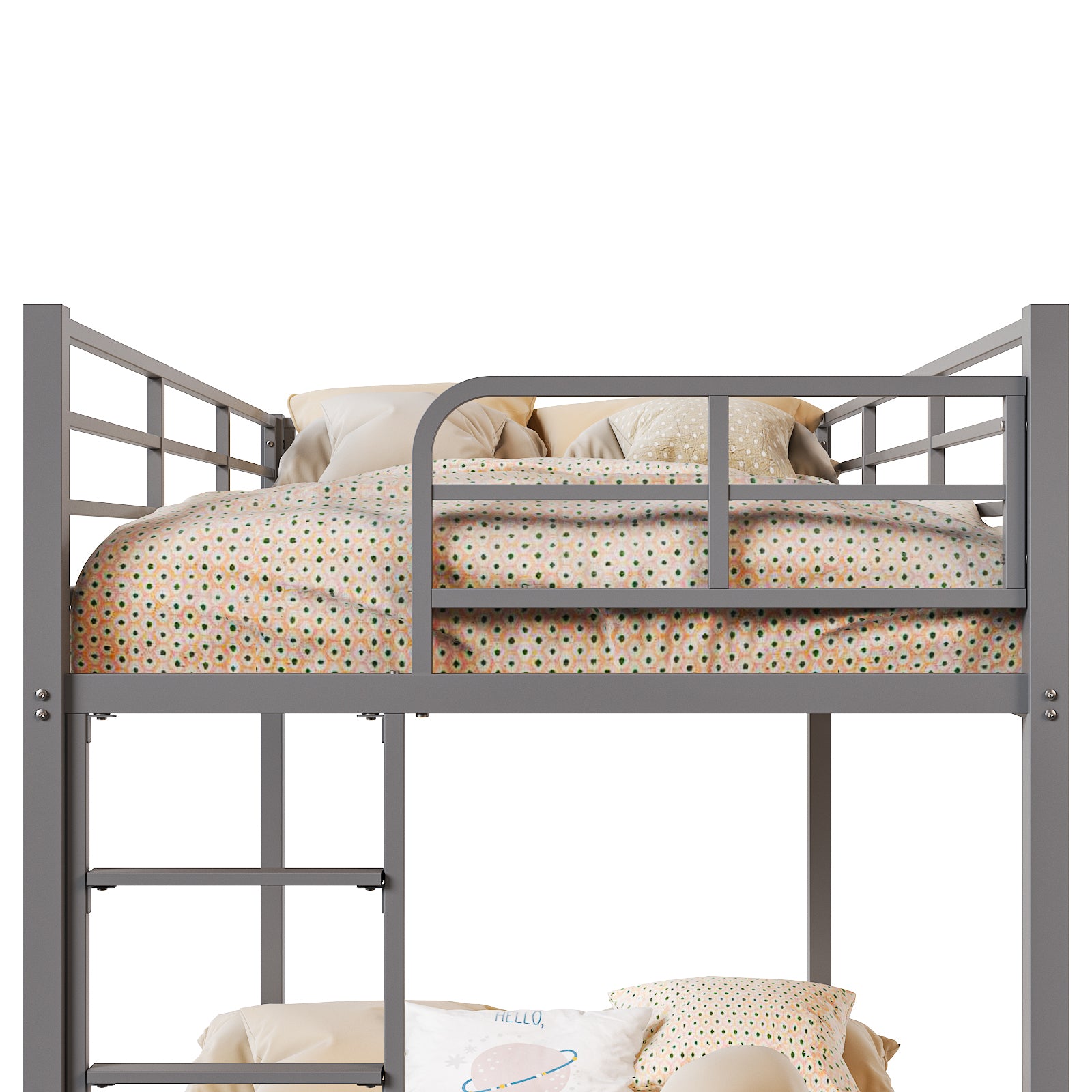 HAOYYE Grey Twin Bunk Bed with Square Tube Metal Frame, High Safety Guardrail and Side Ladder, Sturdy Space-Saving Design with Open Access for Dorm or Guest Room Sleeping Arrangement