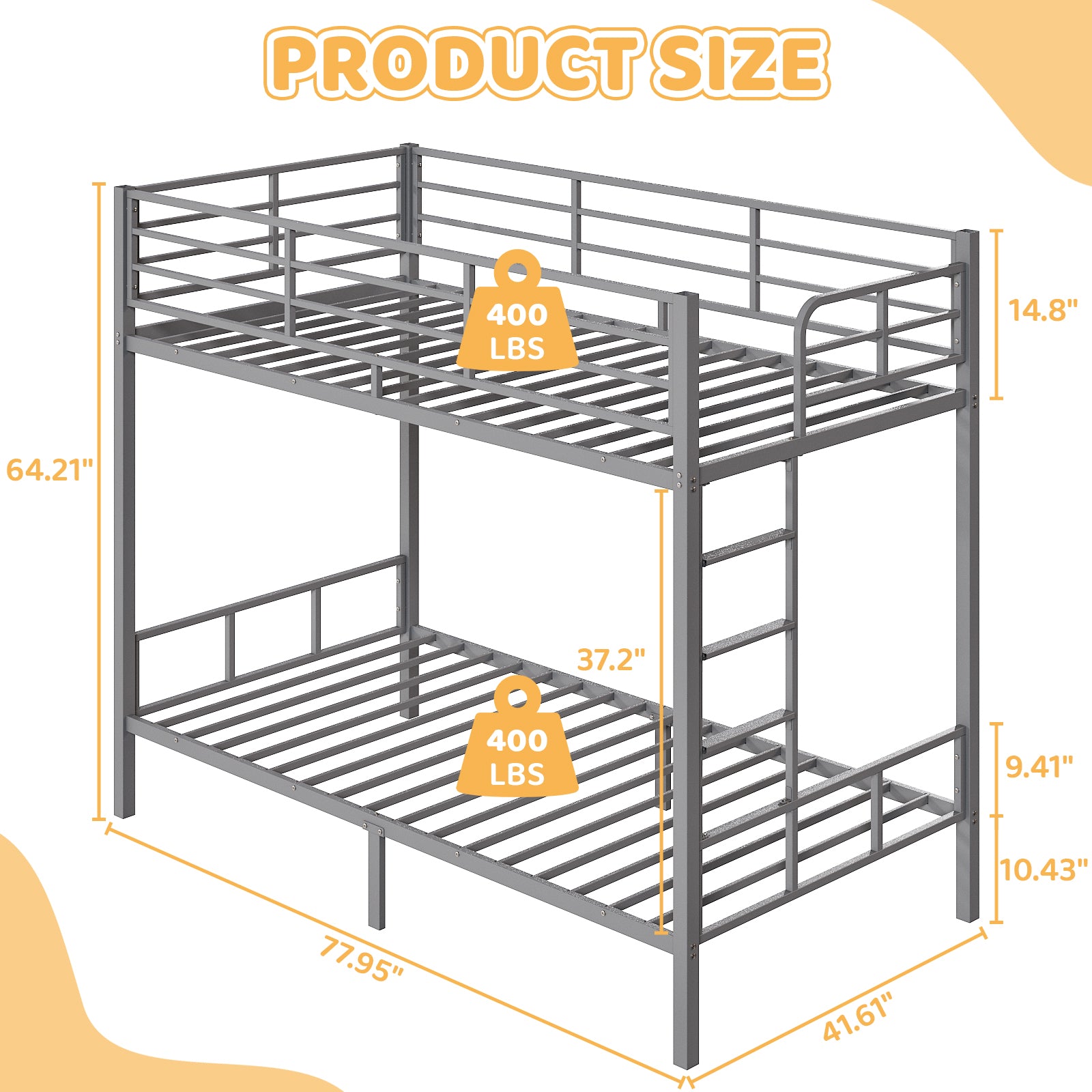 HAOYYE Grey Twin Bunk Bed with Square Tube Metal Frame, High Safety Guardrail and Side Ladder, Sturdy Space-Saving Design with Open Access for Dorm or Guest Room Sleeping Arrangement