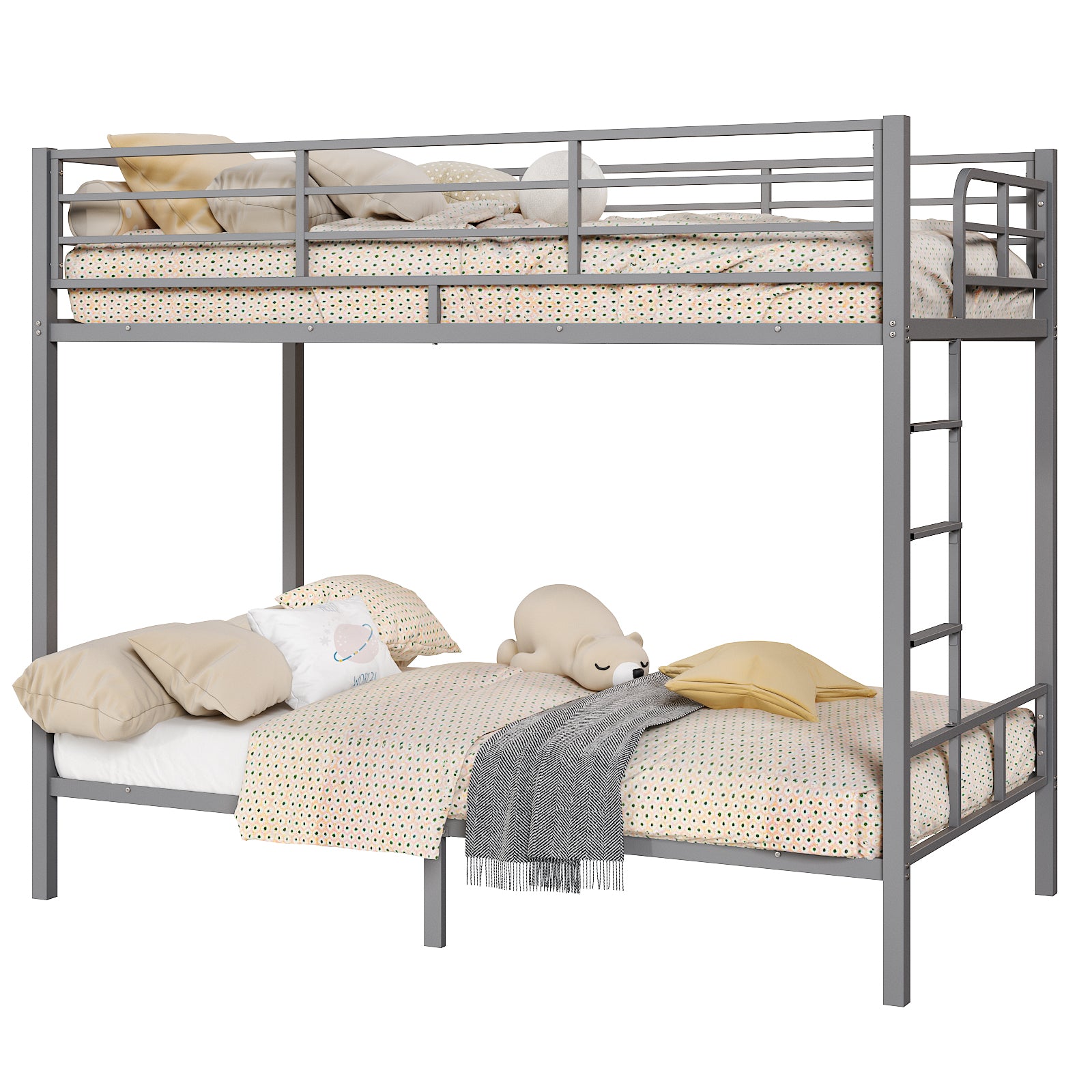 HAOYYE Grey Twin Bunk Bed with Square Tube Metal Frame, High Safety Guardrail and Side Ladder, Sturdy Space-Saving Design with Open Access for Dorm or Guest Room Sleeping Arrangement