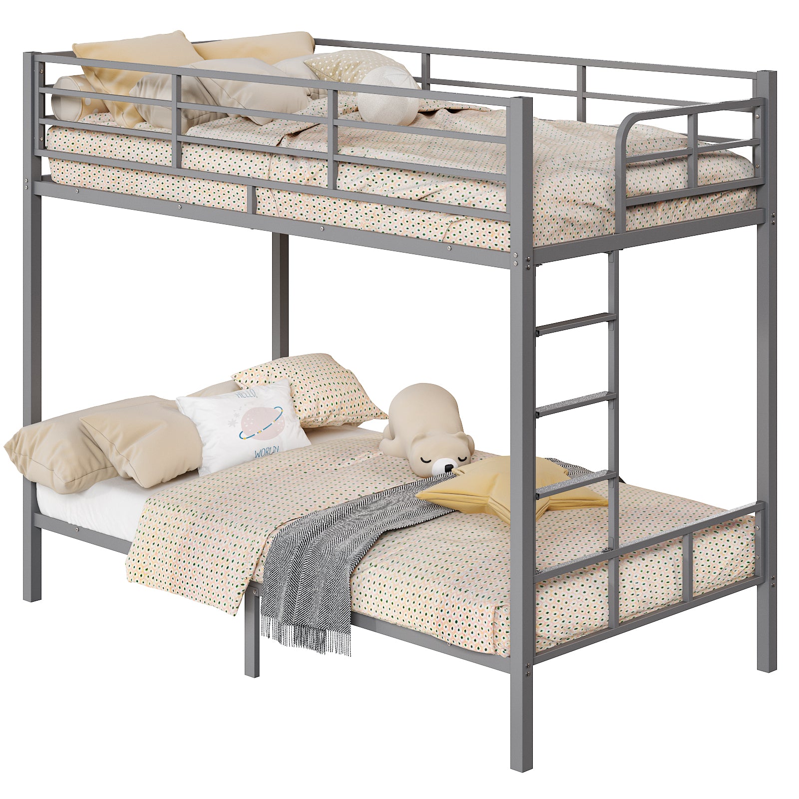 HAOYYE Grey Twin Bunk Bed with Square Tube Metal Frame, High Safety Guardrail and Side Ladder, Sturdy Space-Saving Design with Open Access for Dorm or Guest Room Sleeping Arrangement