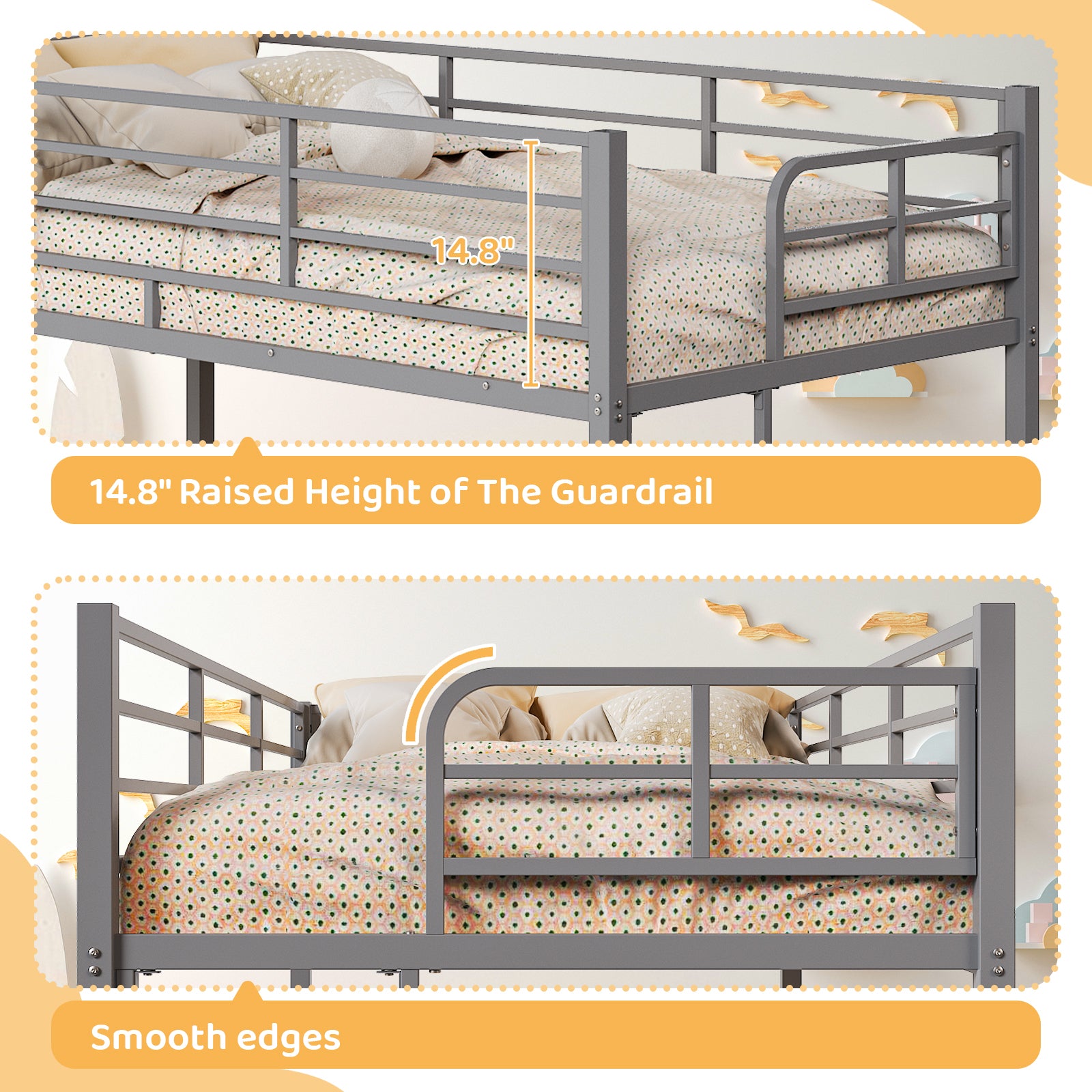 HAOYYE Grey Twin Bunk Bed with Square Tube Metal Frame, High Safety Guardrail and Side Ladder, Sturdy Space-Saving Design with Open Access for Dorm or Guest Room Sleeping Arrangement