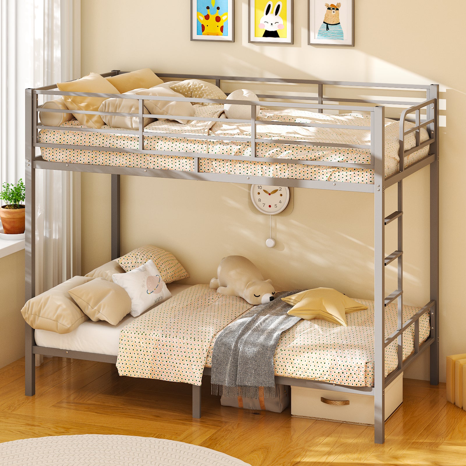 HAOYYE Grey Twin Bunk Bed with Square Tube Metal Frame, High Safety Guardrail and Side Ladder, Sturdy Space-Saving Design with Open Access for Dorm or Guest Room Sleeping Arrangement