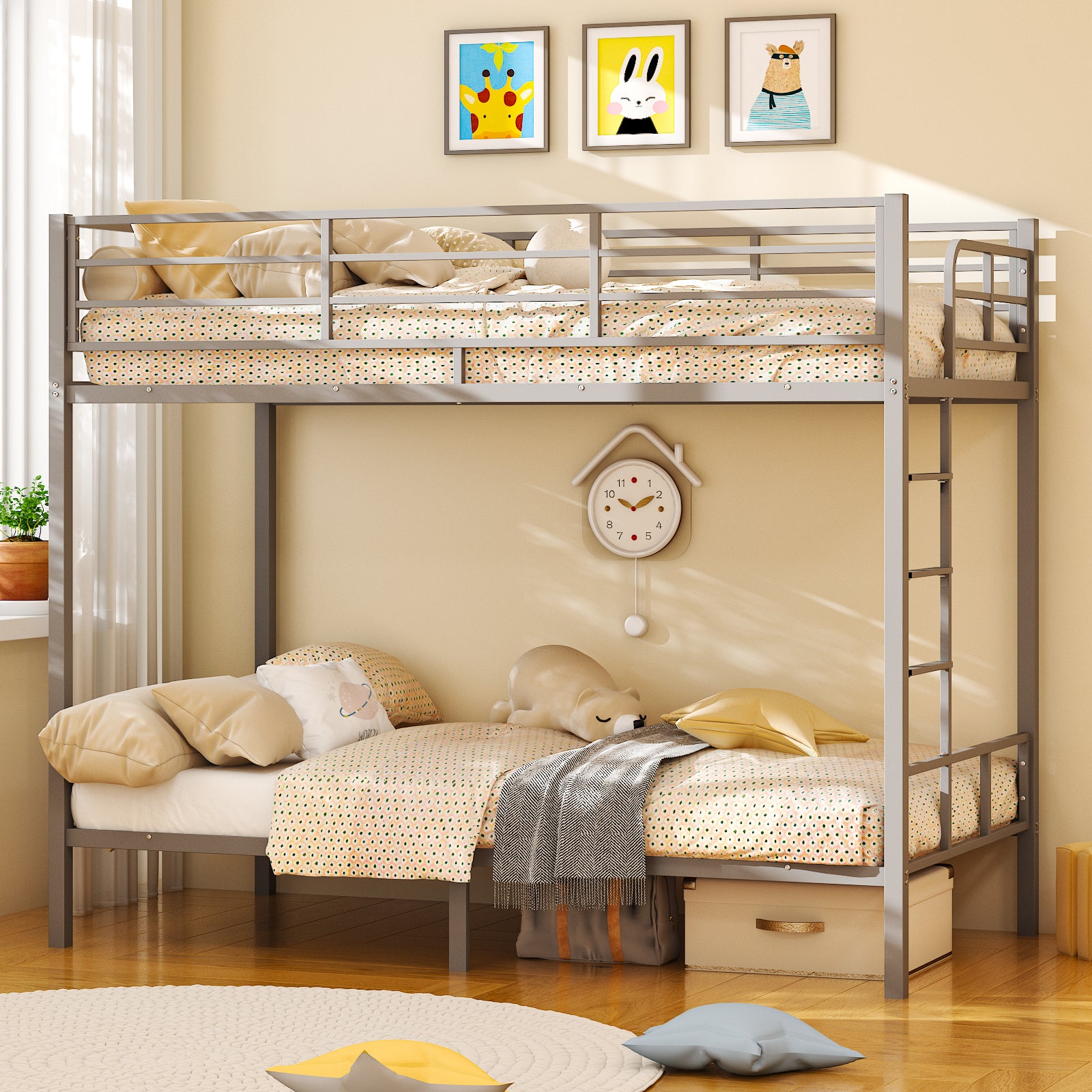 HAOYYE Grey Twin Bunk Bed with Square Tube Metal Frame, High Safety Guardrail and Side Ladder, Sturdy Space-Saving Design with Open Access for Dorm or Guest Room Sleeping Arrangement