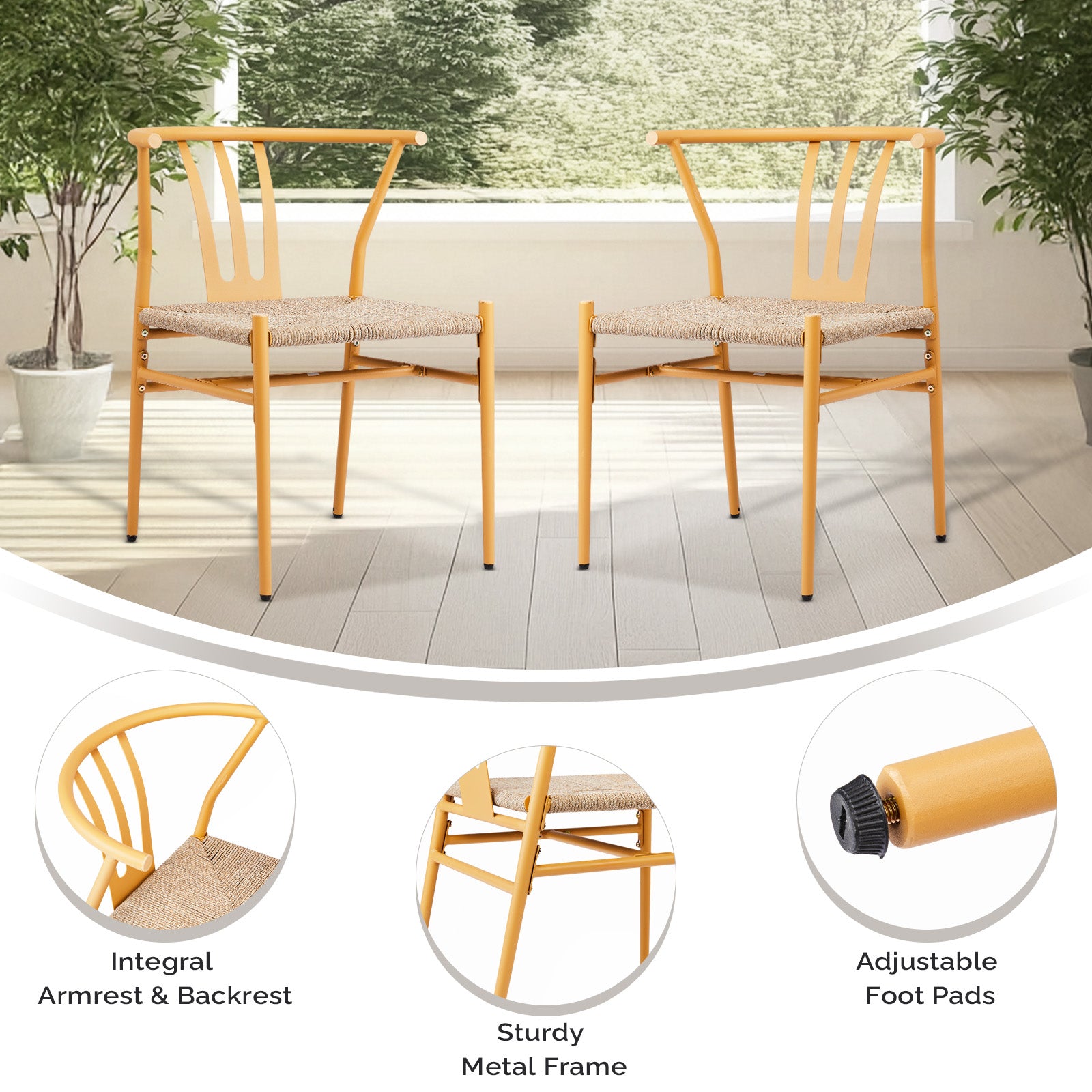 HAOYYE 4PCS Woven Dining Chairs Set Mid-Century Modern Metal Frame Rattan Chairs for Kitchen Dining Living Room Wood Color Stylish Comfortable Seating Durable and Easy to Clean