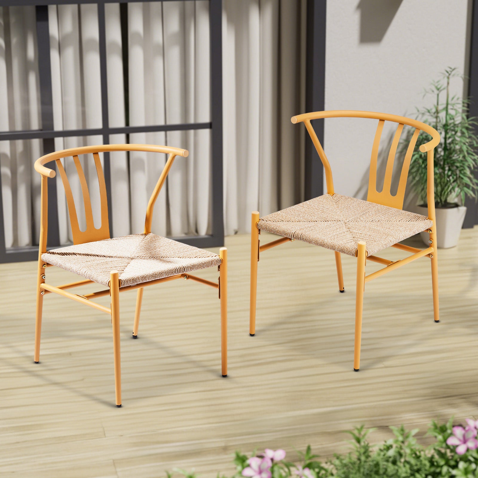 HAOYYE 4PCS Woven Dining Chairs Set Mid-Century Modern Metal Frame Rattan Chairs for Kitchen Dining Living Room Wood Color Stylish Comfortable Seating Durable and Easy to Clean