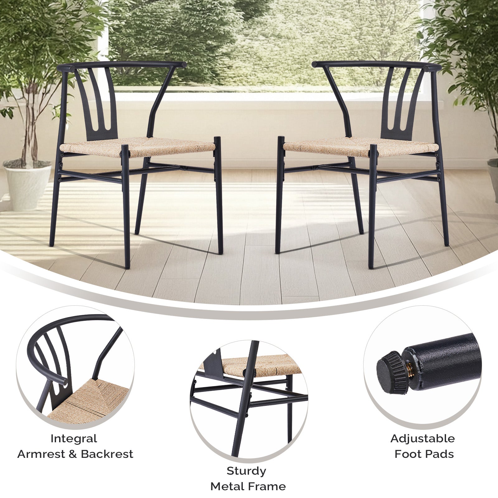 HAOYYE 4PCS Weave Dining Chairs Set Mid-Century Modern Metal Frame Rattan Chairs for Kitchen Dining Living Room Black and Wood Color Stylish Comfortable Seating