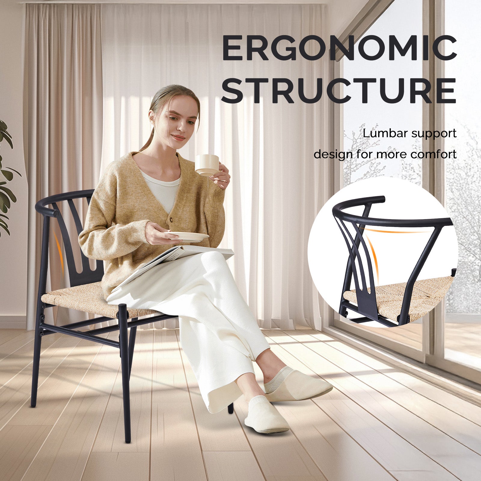 HAOYYE 4PCS Weave Dining Chairs Set Mid-Century Modern Metal Frame Rattan Chairs for Kitchen Dining Living Room Black and Wood Color Stylish Comfortable Seating