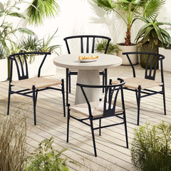 HAOYYE 4PCS Weave Dining Chairs Set Mid-Century Modern Metal Frame Rattan Chairs for Kitchen Dining Living Room Black and Wood Color Stylish Comfortable Seating
