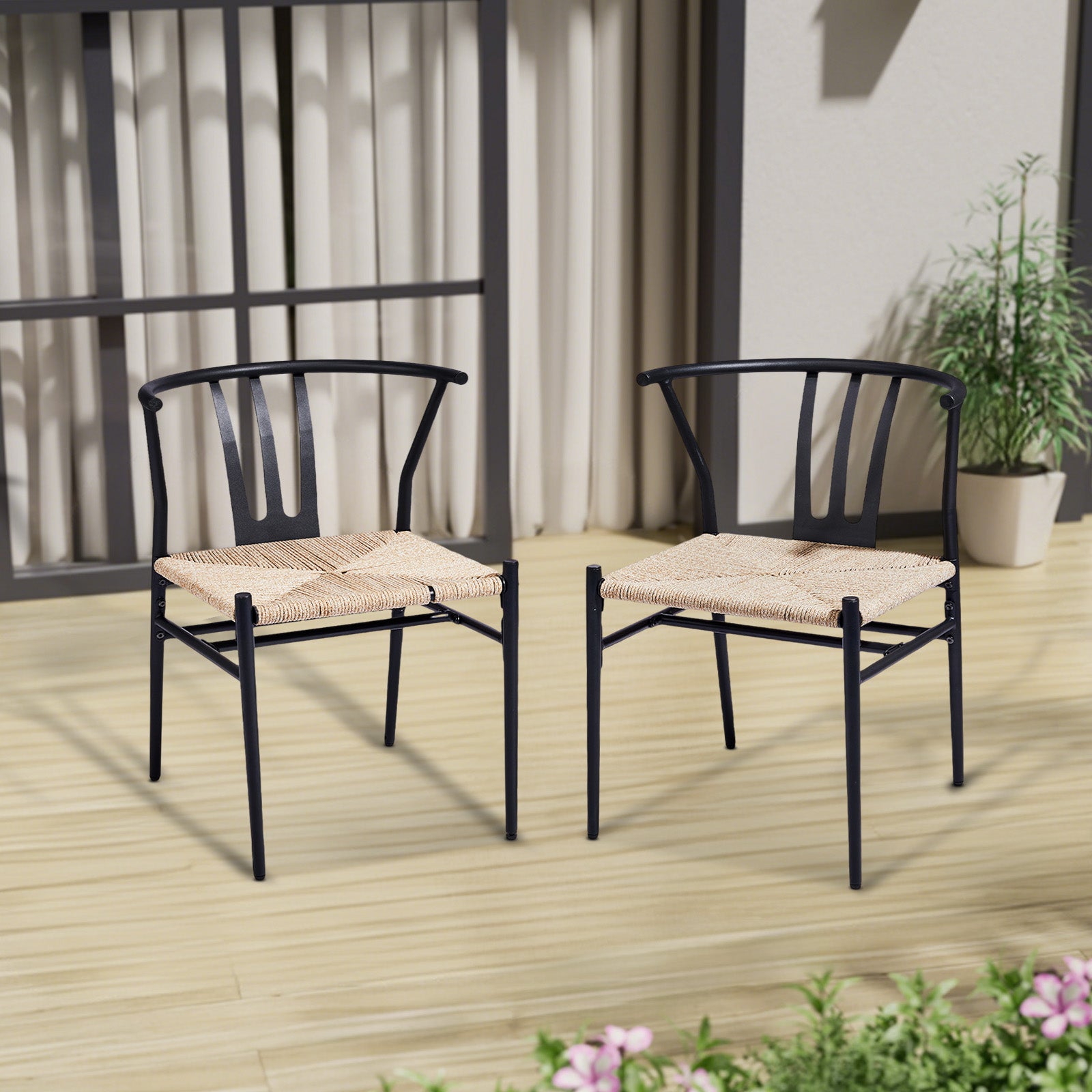 HAOYYE 4PCS Weave Dining Chairs Set Mid-Century Modern Metal Frame Rattan Chairs for Kitchen Dining Living Room Black and Wood Color Stylish Comfortable Seating