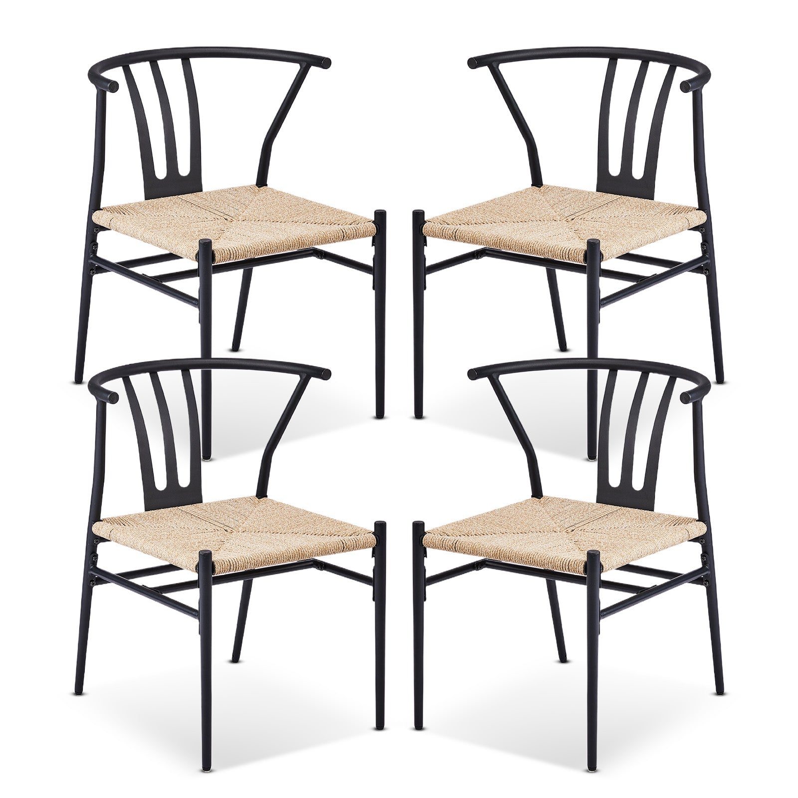 HAOYYE 4PCS Weave Dining Chairs Set Mid-Century Modern Metal Frame Rattan Chairs for Kitchen Dining Living Room Black and Wood Color Stylish Comfortable Seating